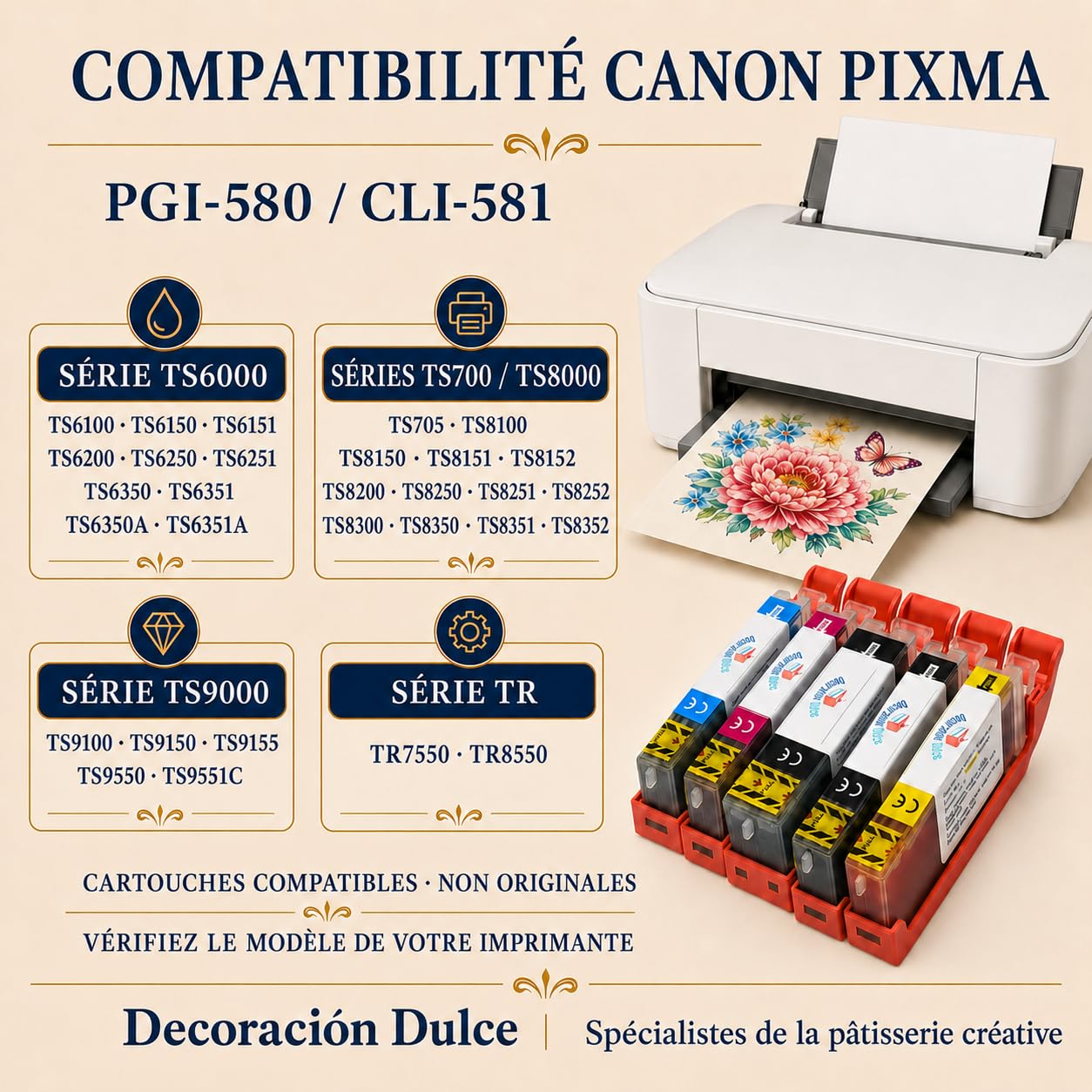 Lot de 5 Cartouches comestibles compatibles avec Canon PGI-580 Y CLi-581. L'encre Comestible ne Contient Pas de Gluten. Vérifiez la compatibilité Avant d'acheter