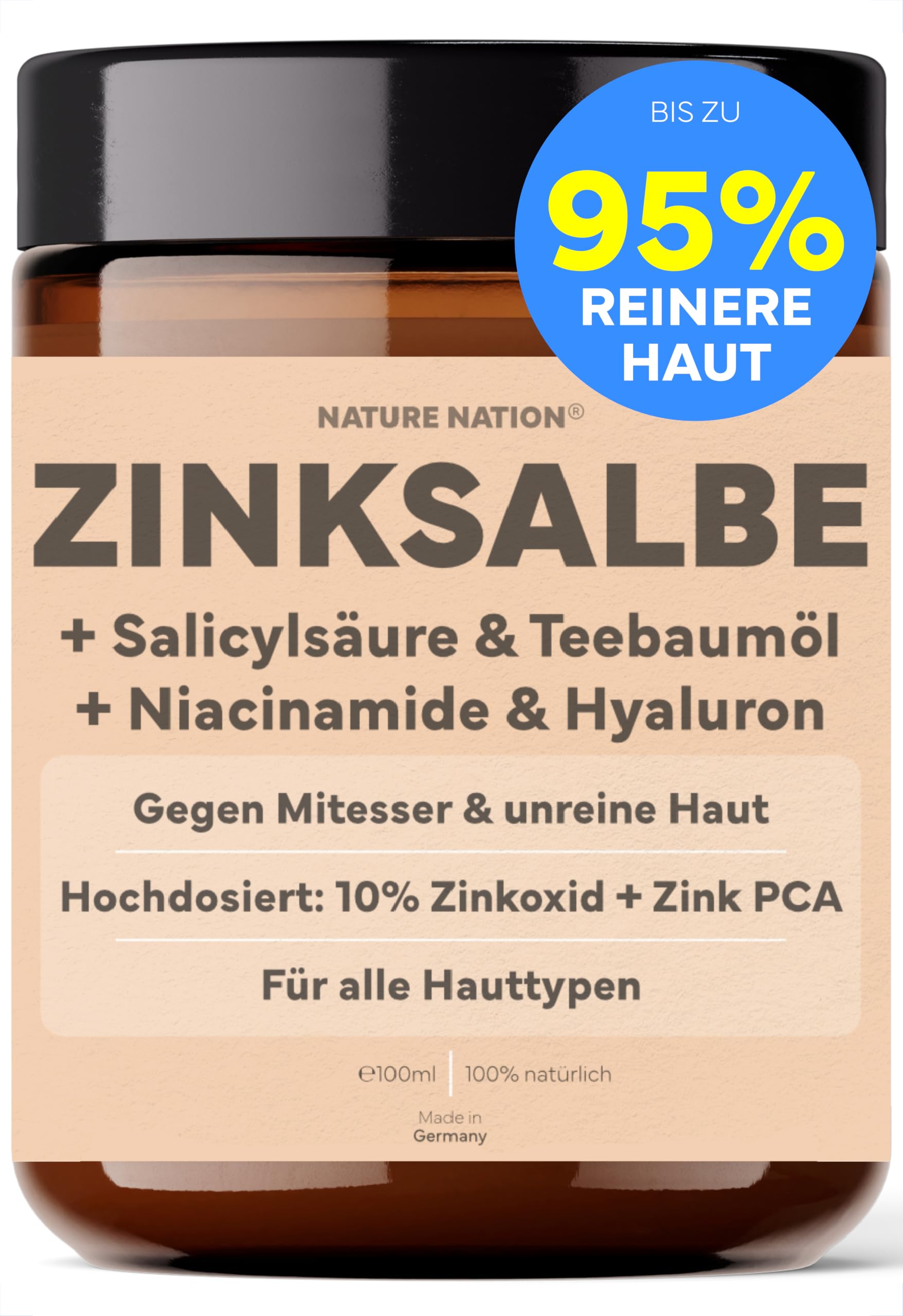 Zinksalbe gegen Pickel: 10% Zinkoxid + Zink PCA, Salicylsäure & Teebaumöl | Bei unreiner Haut & Hautunreinheiten, mit Niacinamid, Panthenol, Allantoin, Sheabutter & Hyaluron, punktuell auftragen