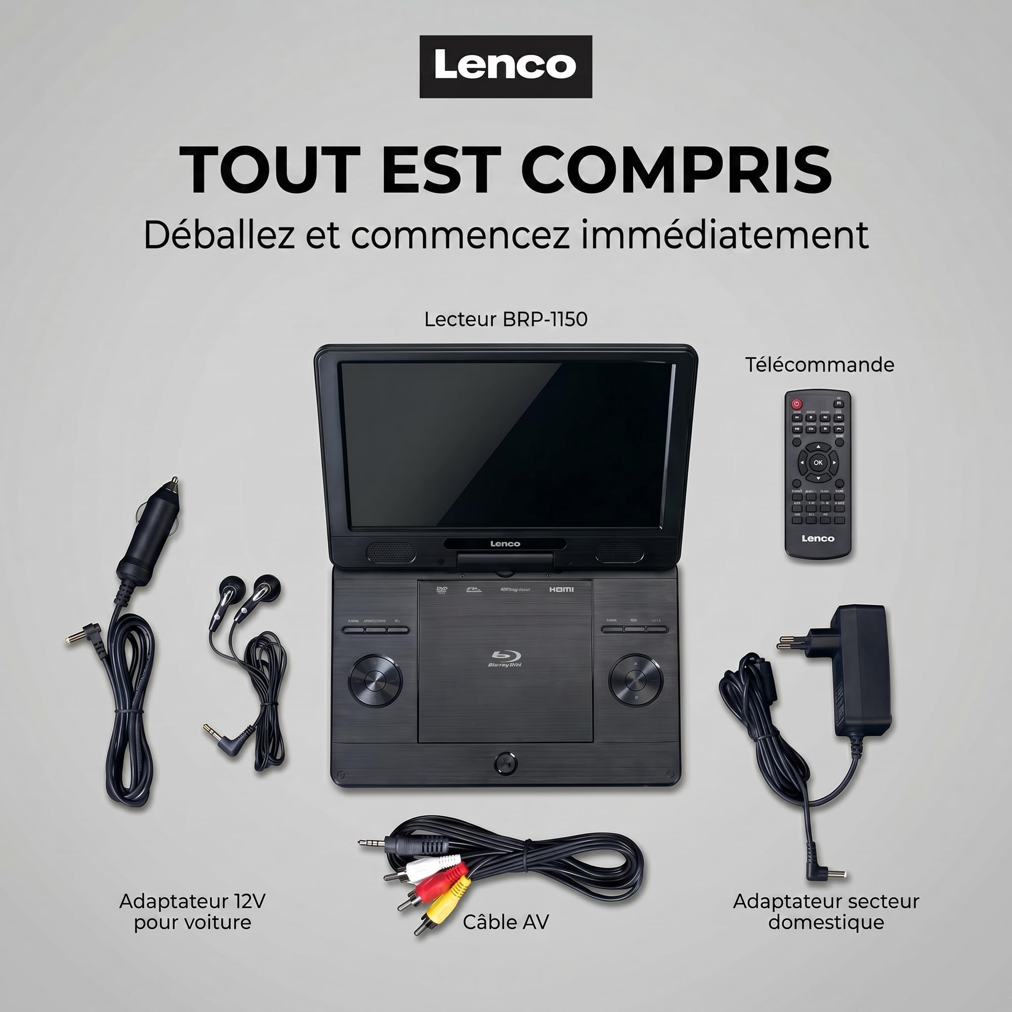 Lenco BRP-1150BK Lecteur Blu-Ray Portable 11,5" écran TFT 1024x600 Pixels Batterie intégrée Noir