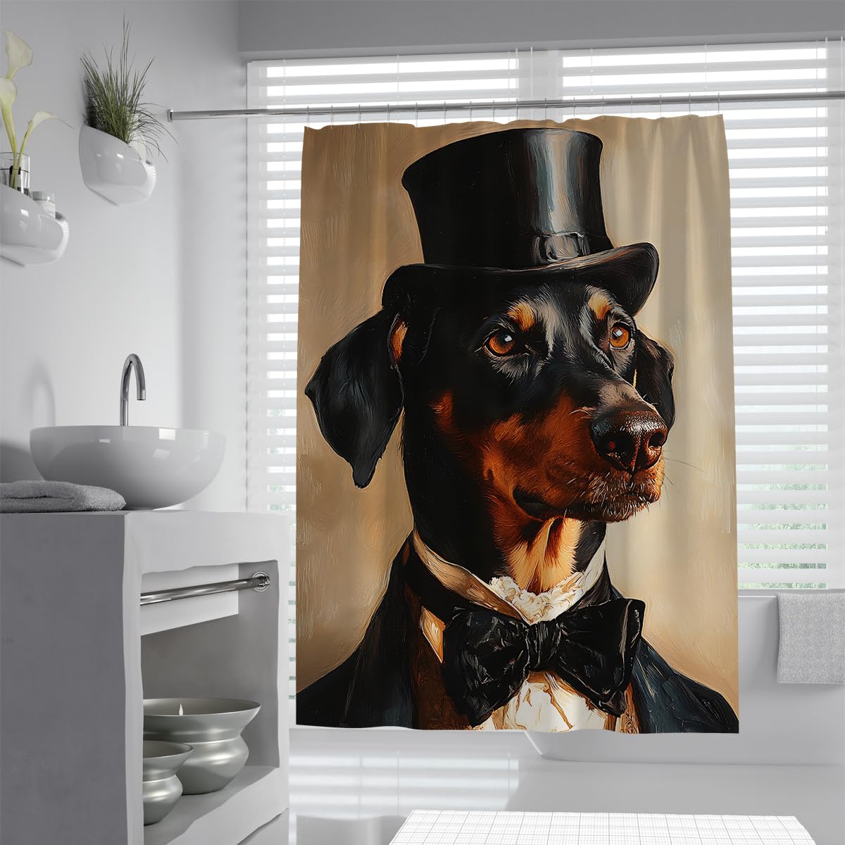 Tende doccia dobermann W200xL200cm Retro gentile animale cappello alto papillon nero sfondo chiaro impermeabile resistente muffa lavabile tessuto Tende bagno per casa vacanze con ganci