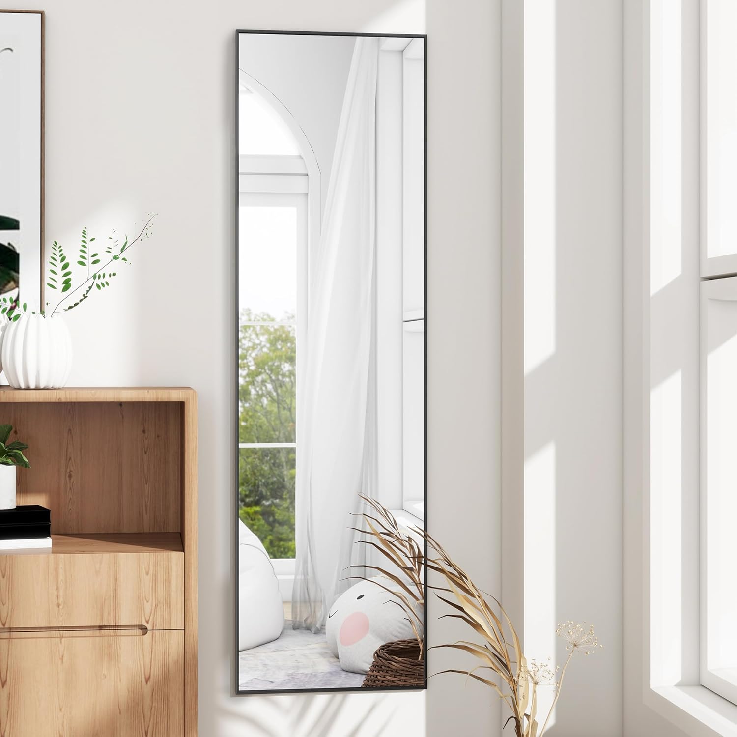 Full Length Door Mirror 14x48, Metal Frame with Protective Film, No-Drilling Hanging or Wall Mount (Horizontal/Vertical), Hooks & Hardware Included, Full Body Mirror for Bedroom, Dorm, Black