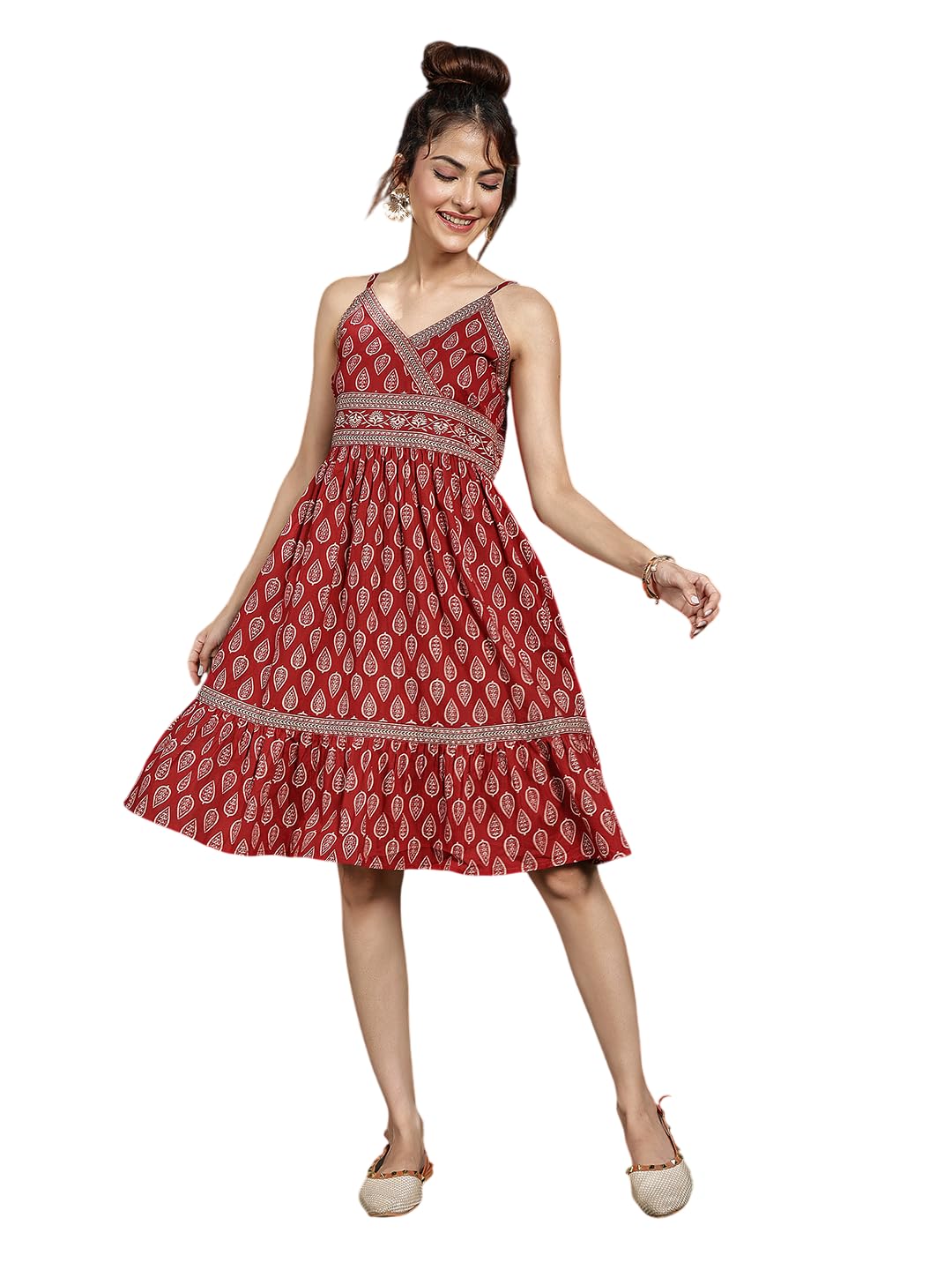 gulmohar jaipur Women's Cotton Knee Length Printed V-Neck Flared Dress-picture-24