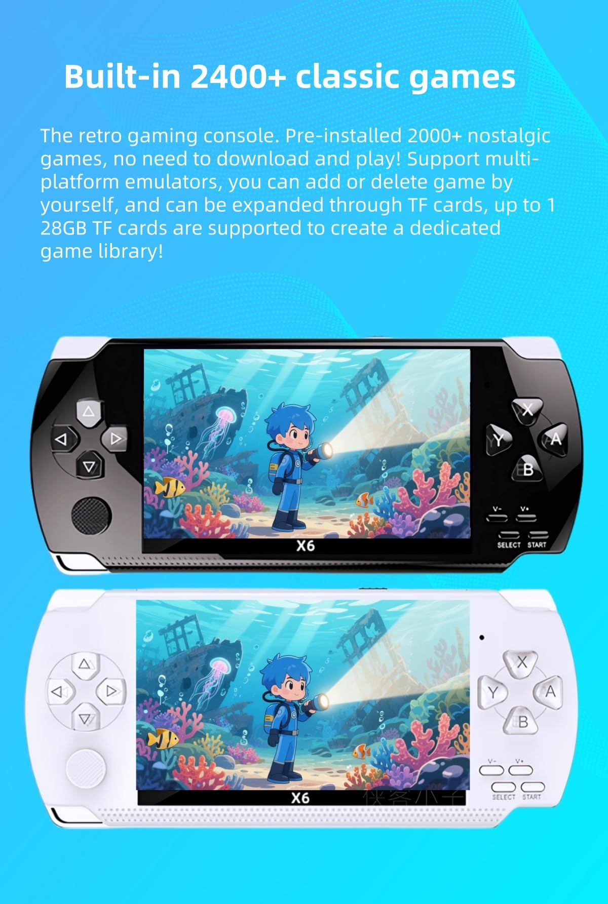 Console di gioco portatile retrò YHFITN da 4,3 pollici - Giochi classici integrati, lettore di videogiochi portatile con connessione TV, batteria ricaricabile ed espansione per scheda TF (white)