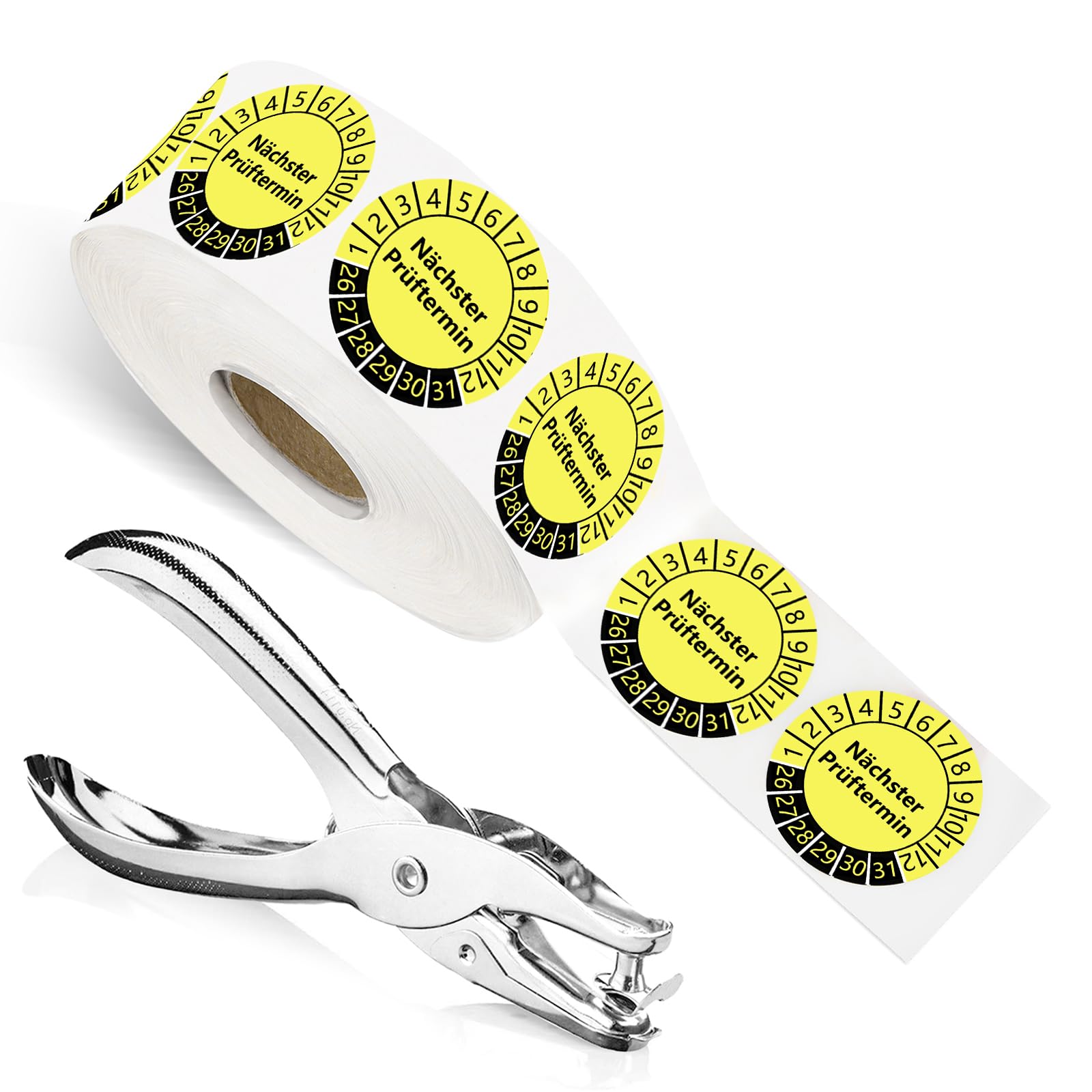1000 Stück Nächster Prüftermin Prüfplaketten 1 Lochzange Prüfplakettenzange Rundloch 3MM Satz 2026-2031 GelbSelbstklebend Prüfaufkleber Lochzange für Prüfplaketten Elektro