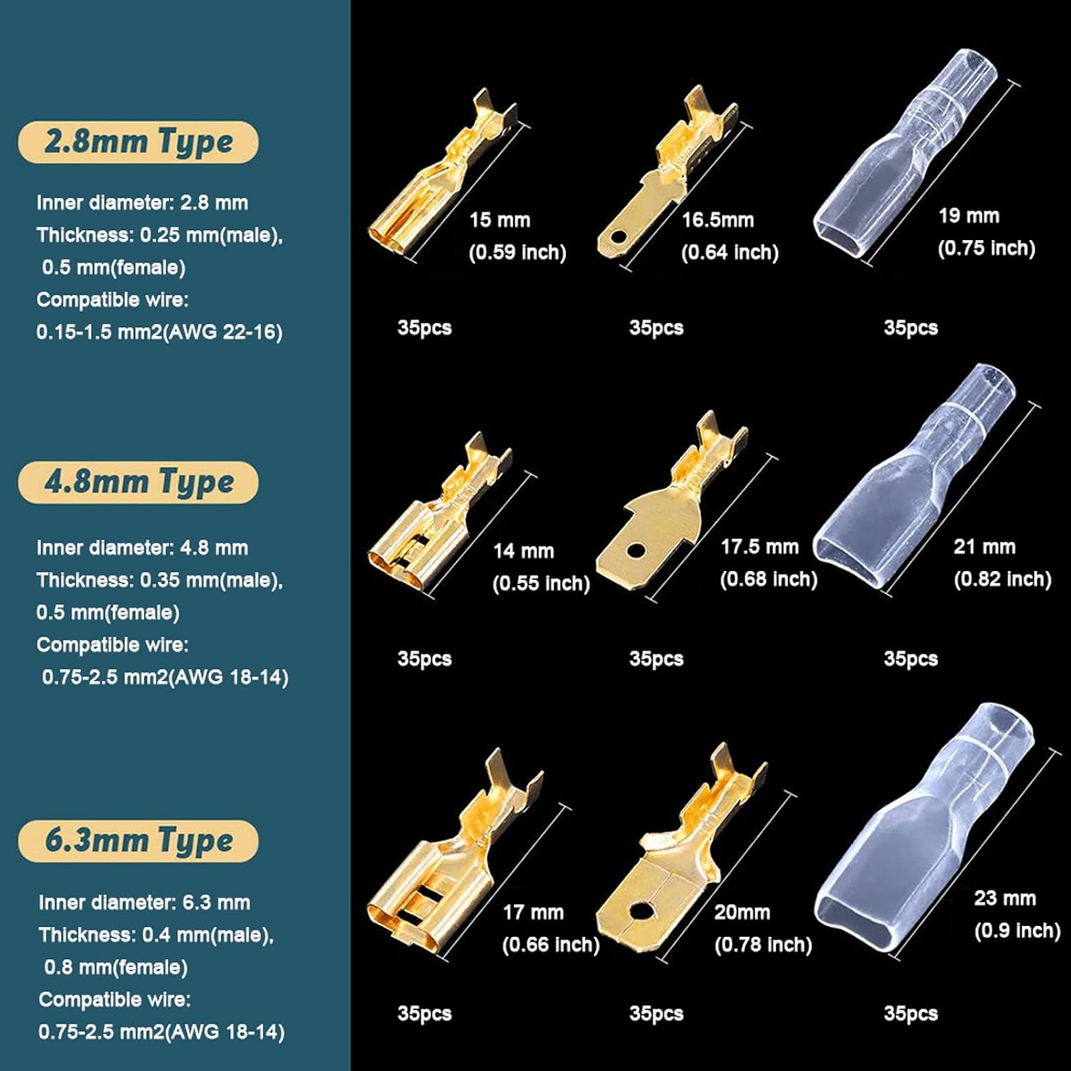 315 Pcs Wire Spade Connectors Kit Gold, Wire Terminal Crimp Connectors