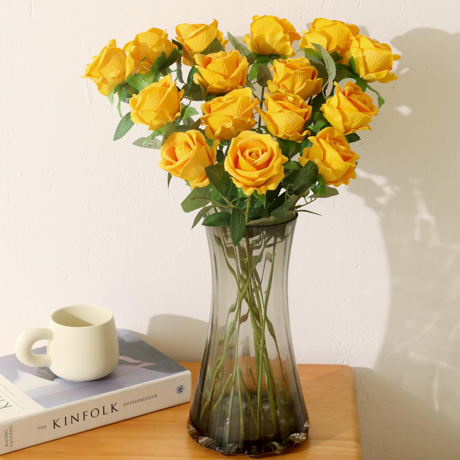 Cloudecor 15Pcs Small Fake Roses Velet Roses Long Stem Artificial Flowers Silk Flowers for Home Wedding Decoration (Pearl Roses,Yellow) - Image 4