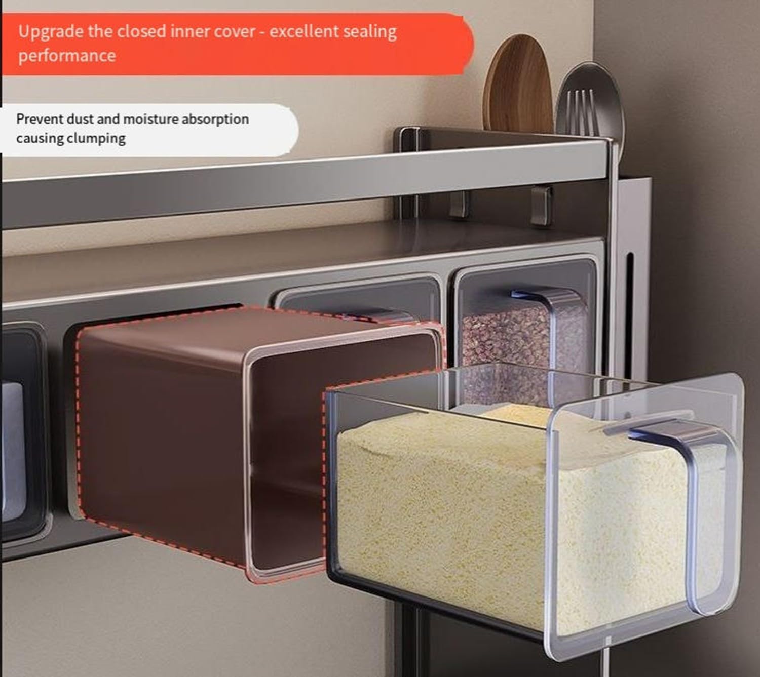 Estante de especias con tarros, estante de almacenamiento de especias montado en la pared con 4 recipientes, gabinete de especias para condimentos para encimera y gabinete