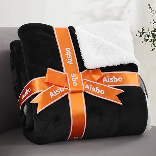 Miniatura 6 de Aisbo Manta cálida individual  Manta reversible de franela Sherpa extra gruesa negra para cama de tamaño individual, manta de invierno de felpa