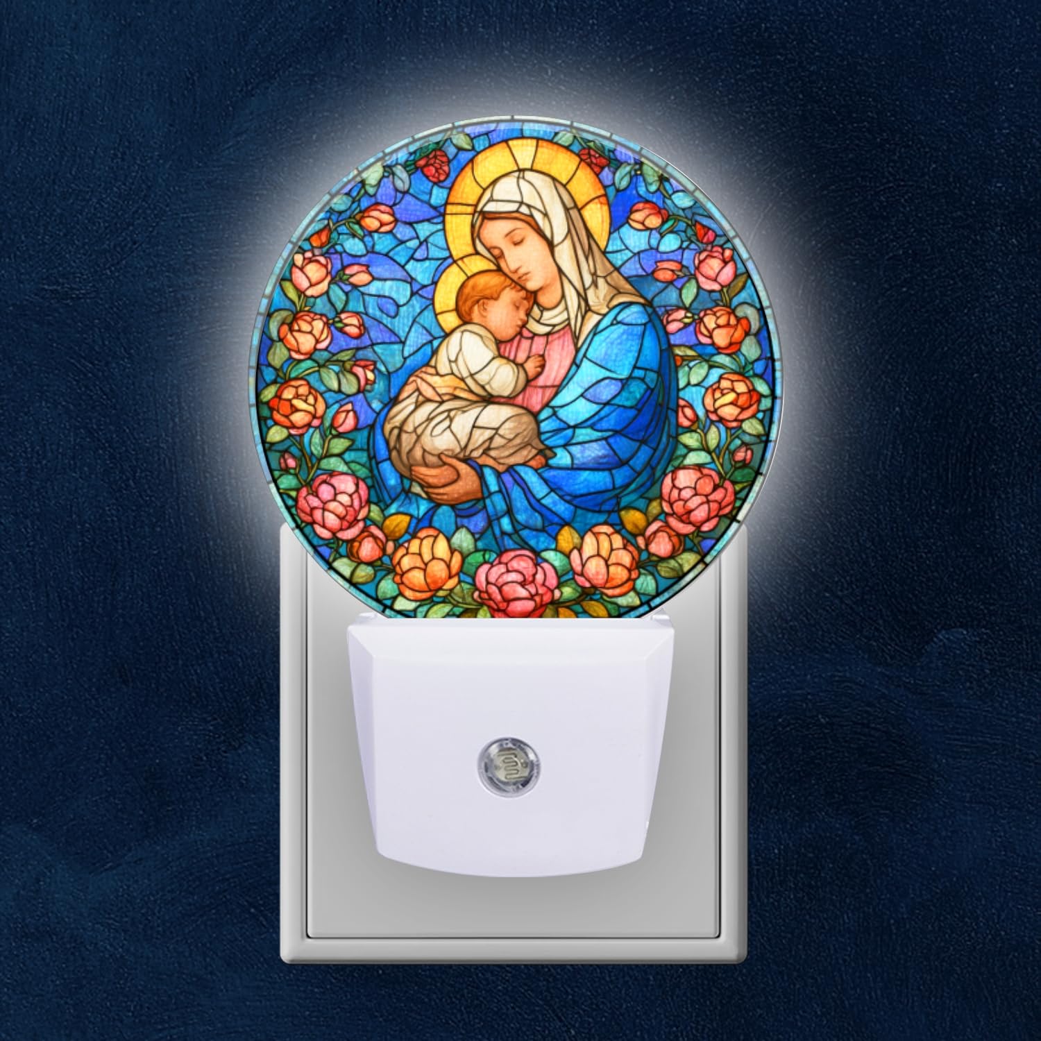 Round LED Night Lights Lamp with Dusk to Dawn Sensor Blue Robed Mary Holding Jesus in Stained Glass