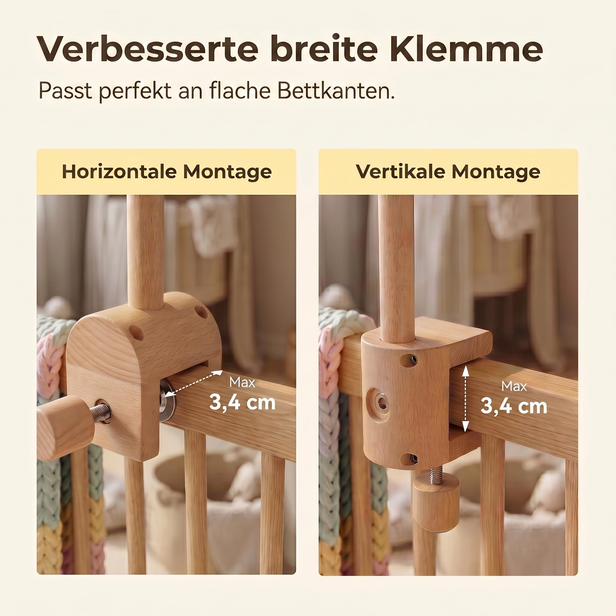 let's make Mobile Verbesserte Version Halterung Holz für Babybet, Höhenverstellbarer & 360° Drehbarer Mobile Arm mit Erweiterter, Mobile Halterung für Babybett Zubehör, Kinderzimmer Deko