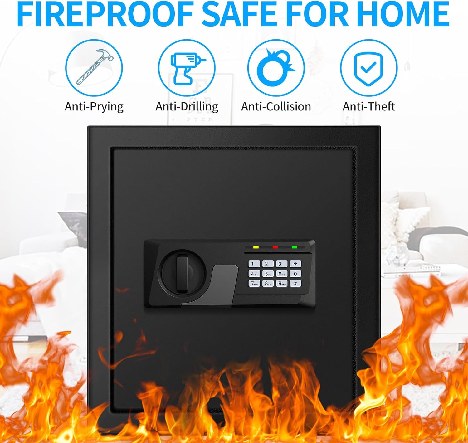 2.3 cuft fire proof safes for home use, digital security safe box with programmable keypad and spare keys, safety box for home office business, document safe for money medicine valuables
