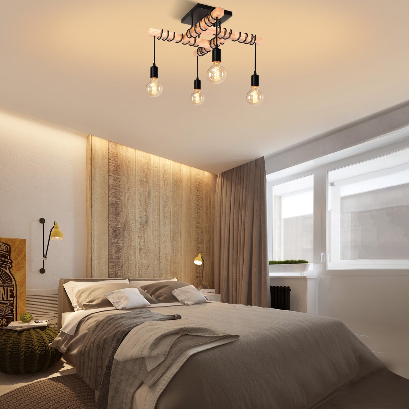 iDEGU Industrial 4-Light Vintage Wood & Metal Pendant Chandelier, 57 cm (L) x 57 cm (W) x 45 cm (H), Black - Image 4