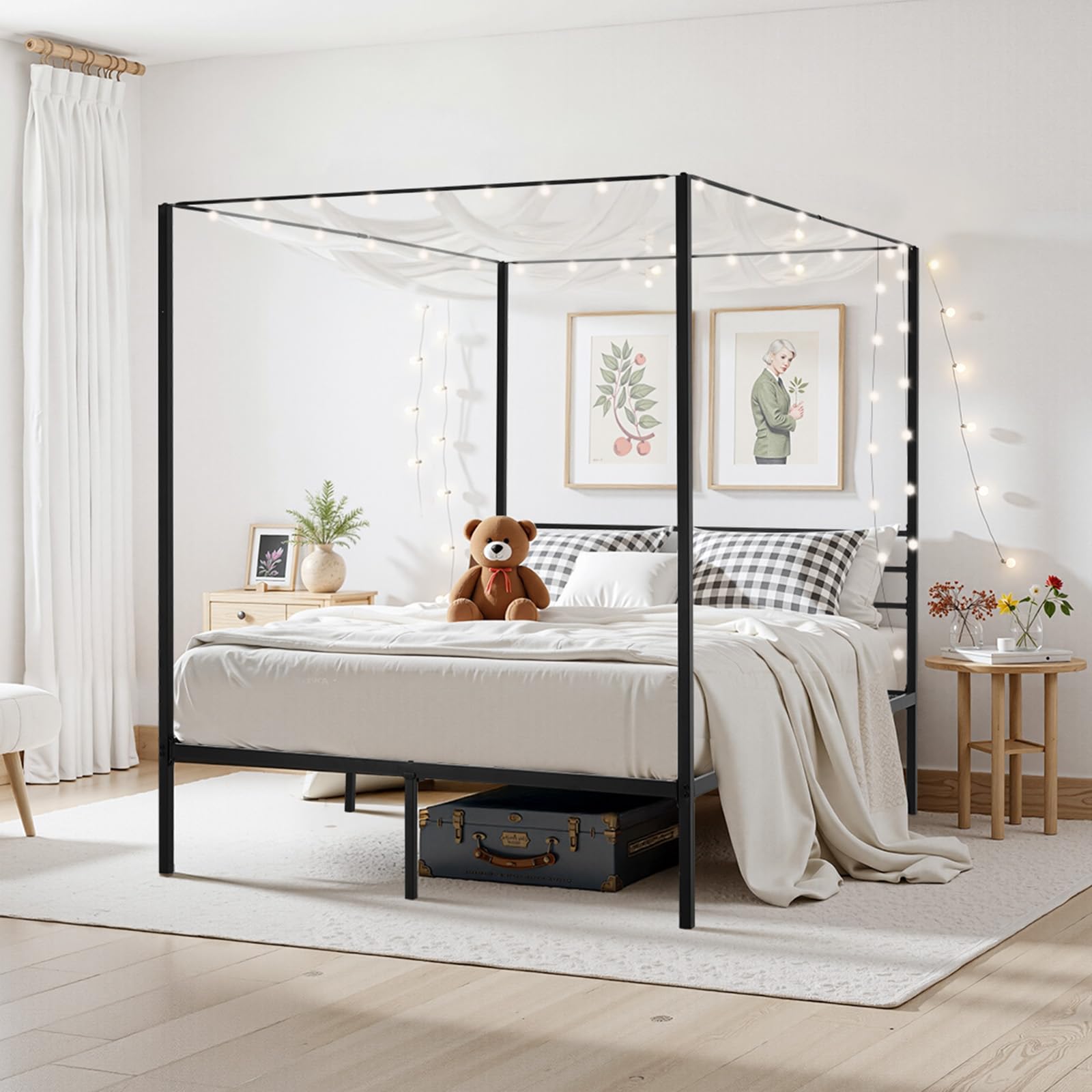 VEVOR Letto a Baldacchino Matrimoniale, Letto in Metallo con Testiera Minimalista e Design a Baldacchino, Robusto Supporto a Doghe in Acciaio Quadrate, Non Necessita di Materasso a Molle, Nero
