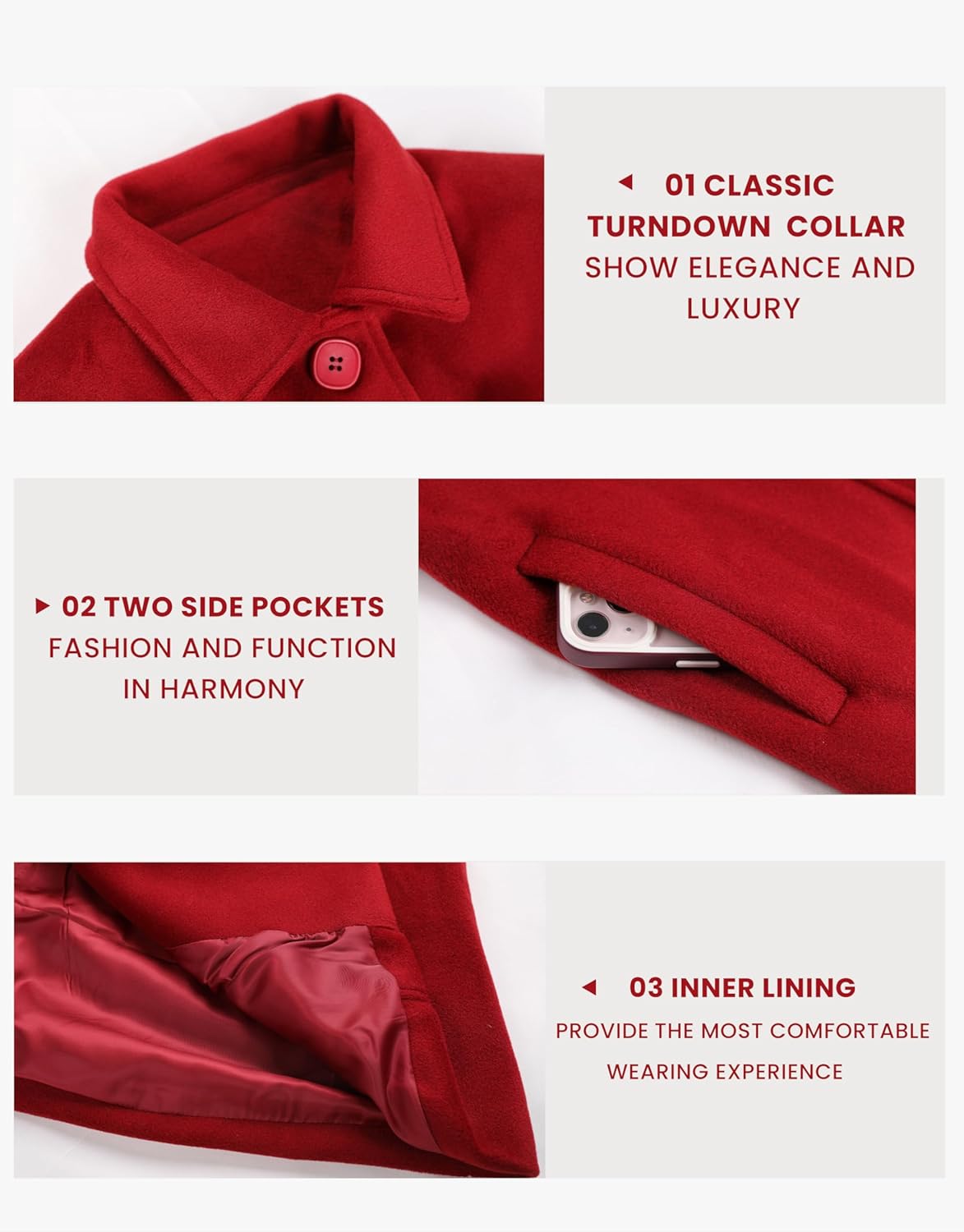 UANEO Womens Peacoat Faux Wool Blend Single Breasted Long Trench Coat Dress Overcoat Winter with Pockets - Image 3