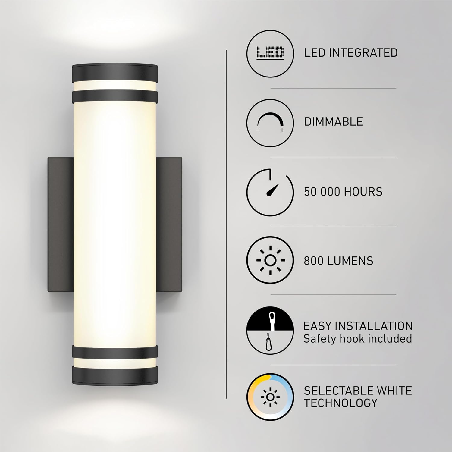 artika Bradley 12 Watts Integrated LED Modern Indoor or Outdoor Wall Light Fixture, Matte Black 800 Lumens 3000-4000-5000 Kelvin Weatherproof No Bulb Required