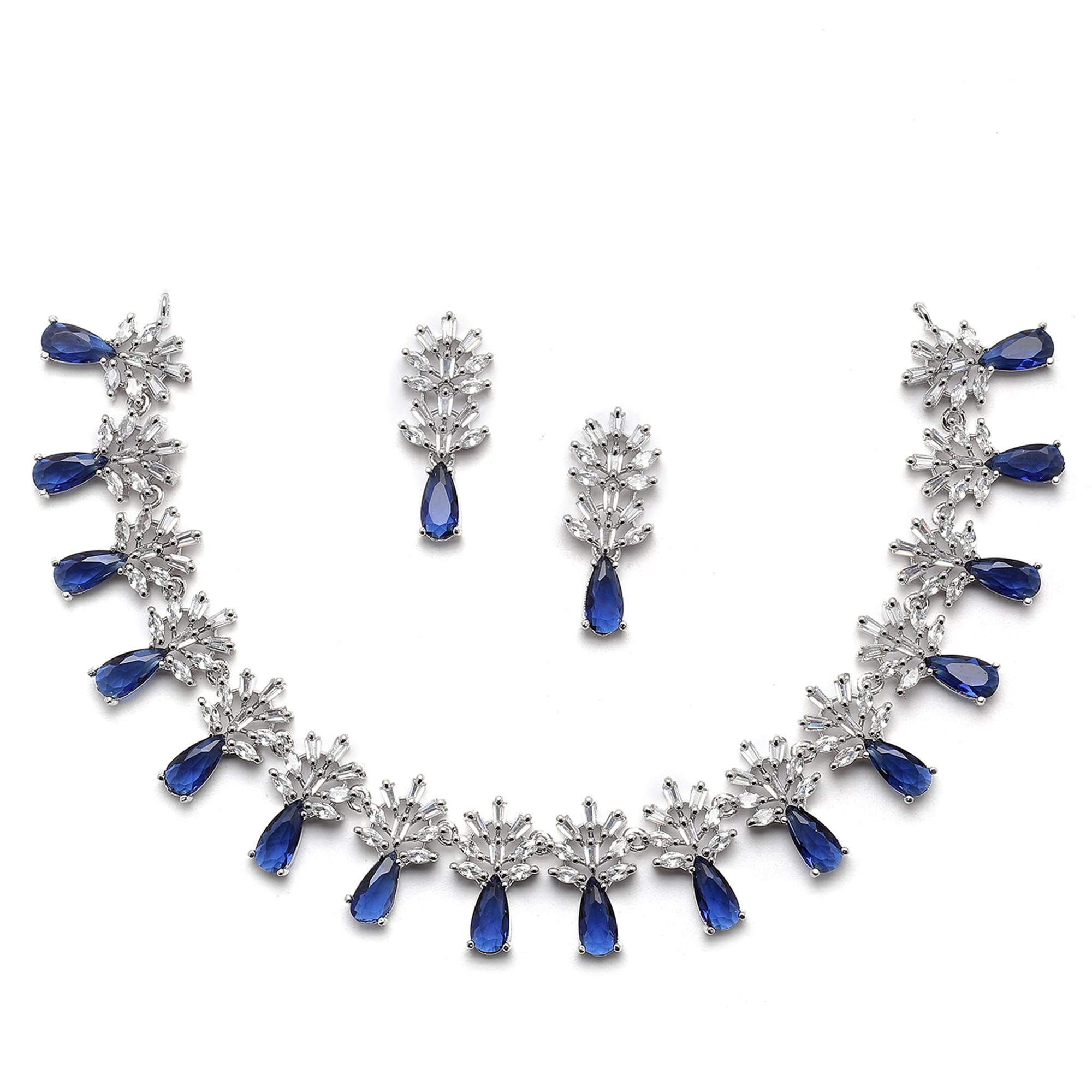 ZENEME Rhodium-Plated Silver Toned Teardrop Shaped American Diamond Studded Necklace Earrings Jewellery Set for Girls and Women (Blue) (B0C1TKNKP1) Amazon Price History, Amazon Price Tracker