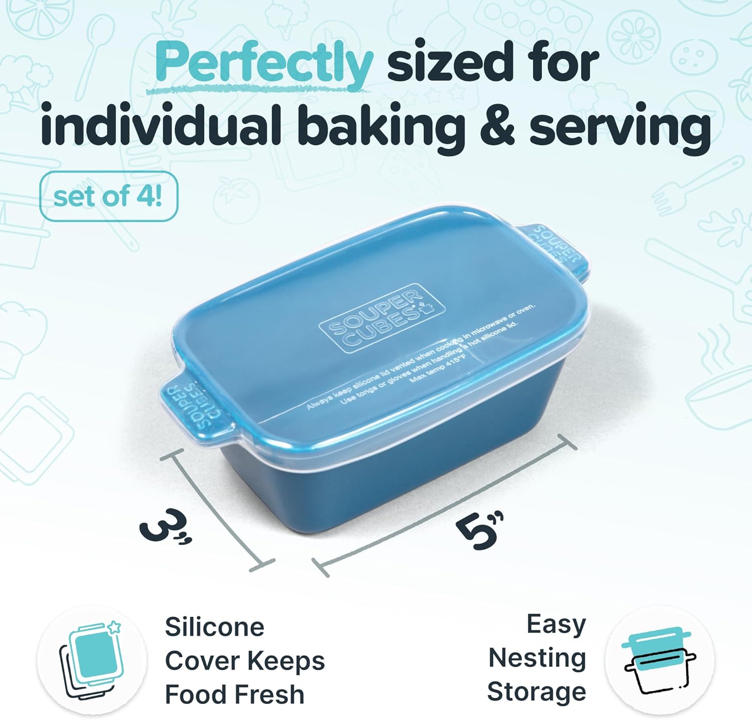 Souper Cubes Stoneware - Small Ceramic 5" x 3" Baking Dish with Silicone Covers, Small Baking Dishes for Oven Perfect for Reheating Single Serve Portions, Set of 4 - Blueberry