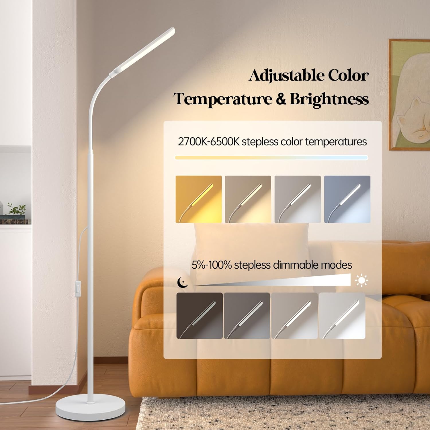 LED Floor Lamp, 18W Super Bright Floor Lamp for Living Room, Adjustable Stepless Colors & Brightness Standing Lamp, Eye Caring Reading Light with Remote (White)