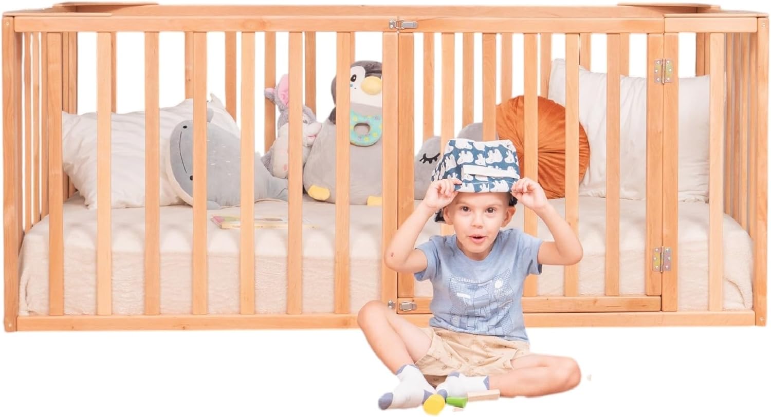 Montessori Floor Bed with Rails High - Toddler Bed Frame - Floor Bedframe with Gate by BUSYWOOD, (Small/Twin/Full/Queen/King Size), Alder Wood, Handmade in Europe (Model 20)