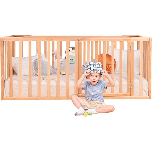 Montessori Floor Bed with Rails High - Toddler Bed Frame - Floor Bedframe with Gate by BUSYWOOD, (Small/Twin/Full/Queen/King Size), Alder Wood, Handmade in Europe (Model 20)