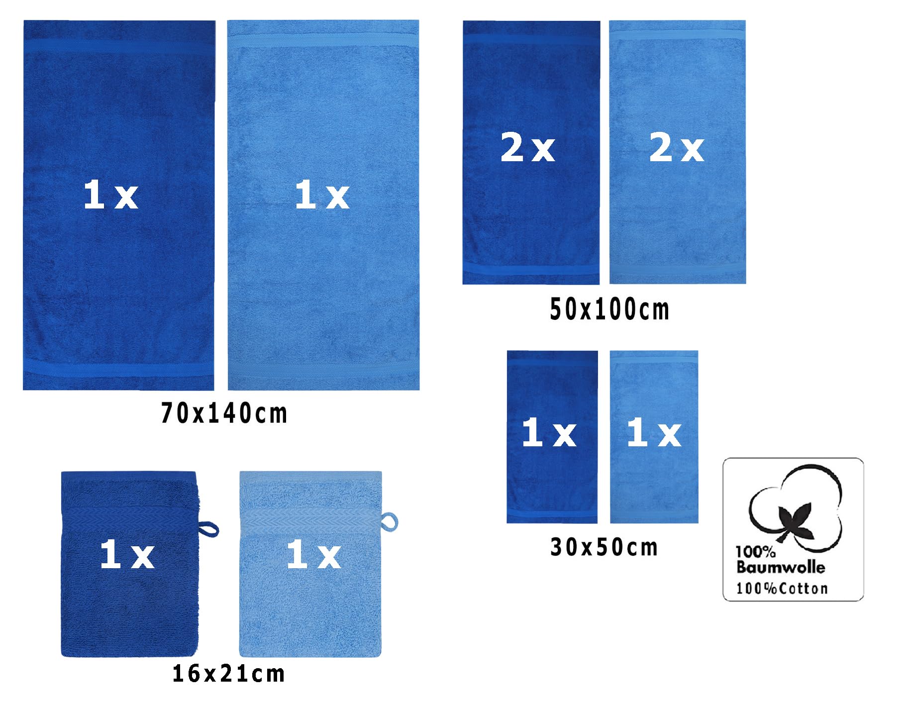 Betz Lot de 10 Serviettes Set de 2 Serviettes, draps de Bain 4 Serviettes de Toilette 2 Serviettes d'invité 2 Gants de Toilette 100% Coton Premium Couleur Bleu Royal, Bleu Clair
