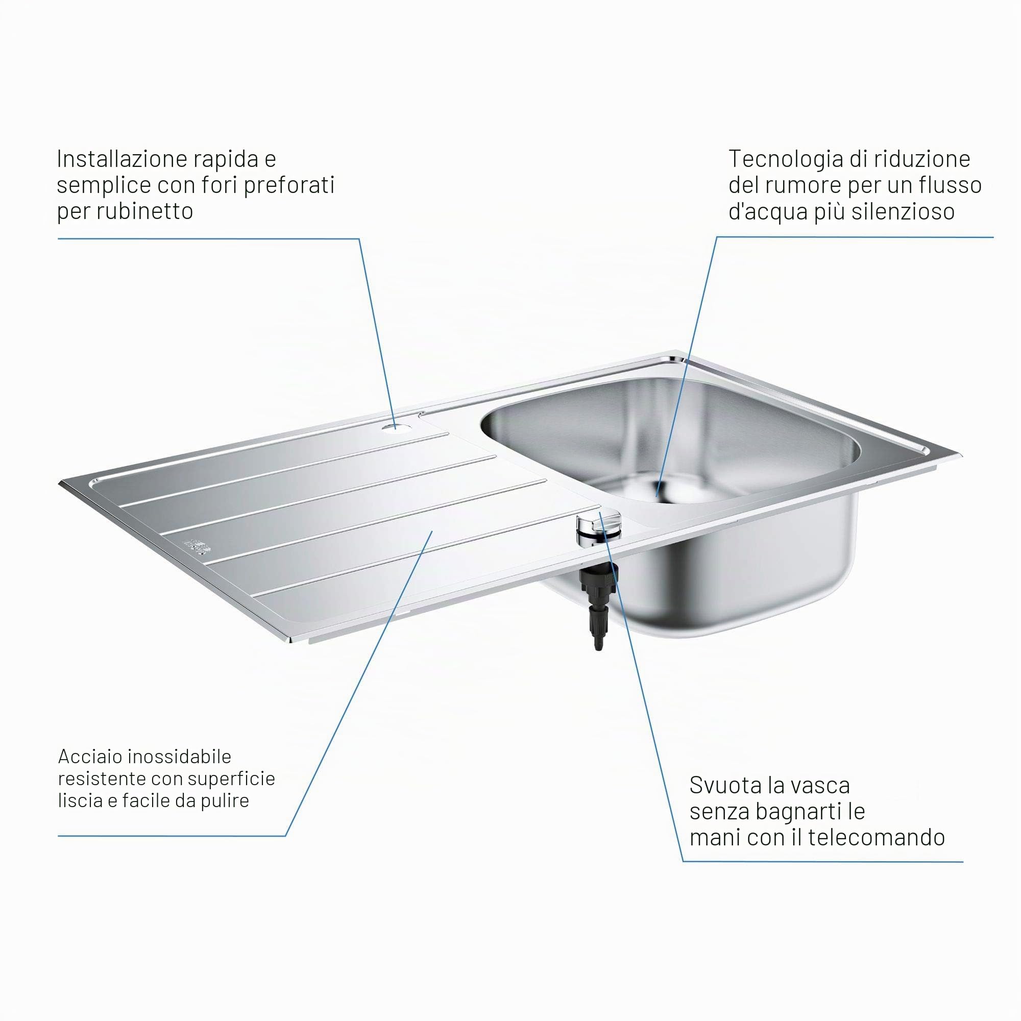 GROHE K200 | 1 vasca| Lavello da cucina - sopratop reversibile | include: piletta automatica, sifone, set di installazione | Acciaio inox |31552SD1