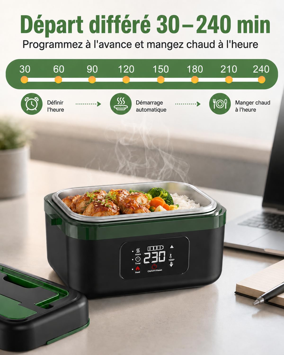 LANMOU Gamelle Chauffante Batterie Sans Fil, 1000ml, Minuterie | Lunch Box Chauffante Rechargeable USB-C, Cuve amovible Inox 304, 6 Temps, Maintien Chaud, Pour Bureau Chantier Voiture