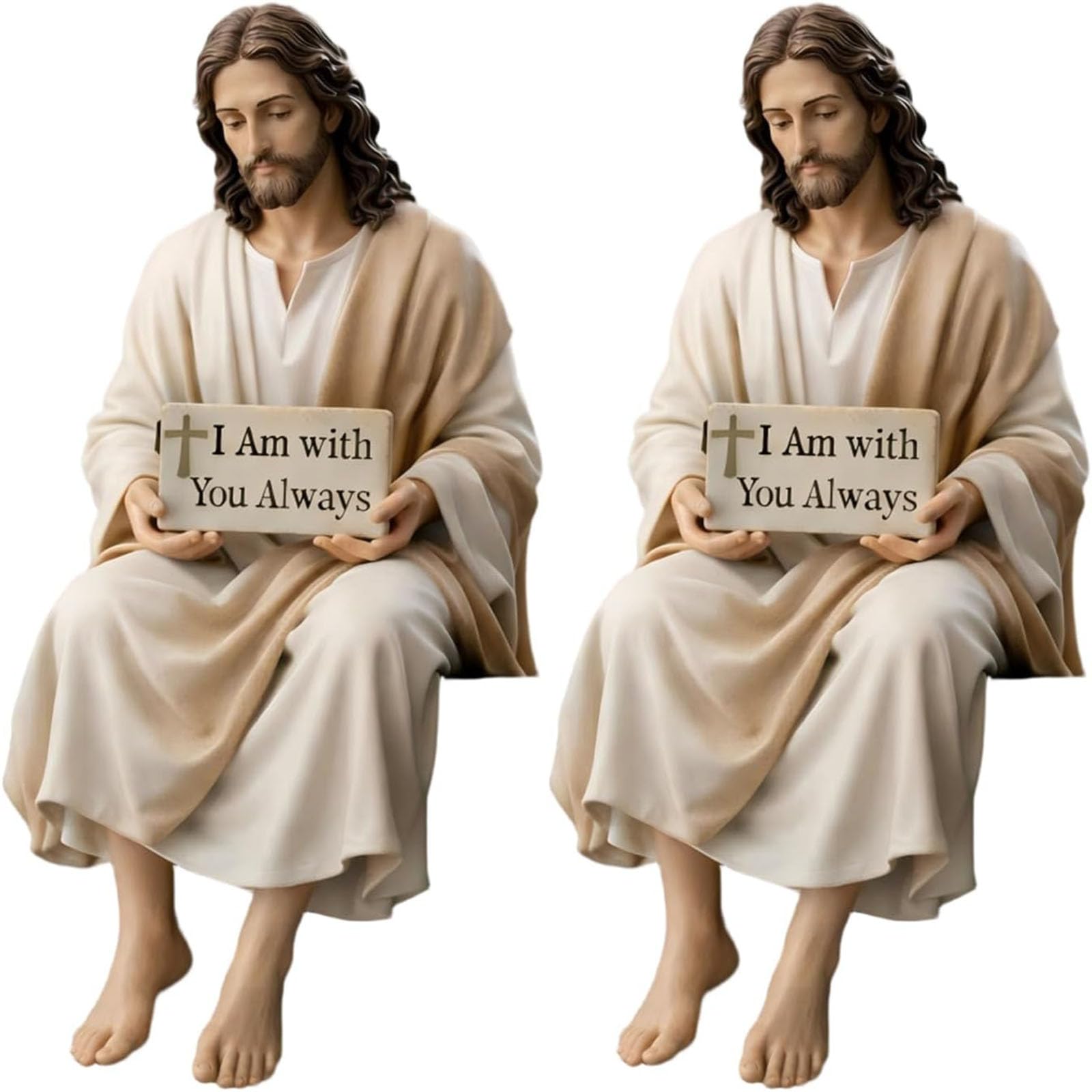 Kieyiqe 2Pcs Jesus Resin Desk Companion Figurine, Handmade Sitting Design Jesus Christ Statue, ''I Am With You Always'' Sign Statue Decor, Handmade Sitting Religious Decorative (2Pcs)