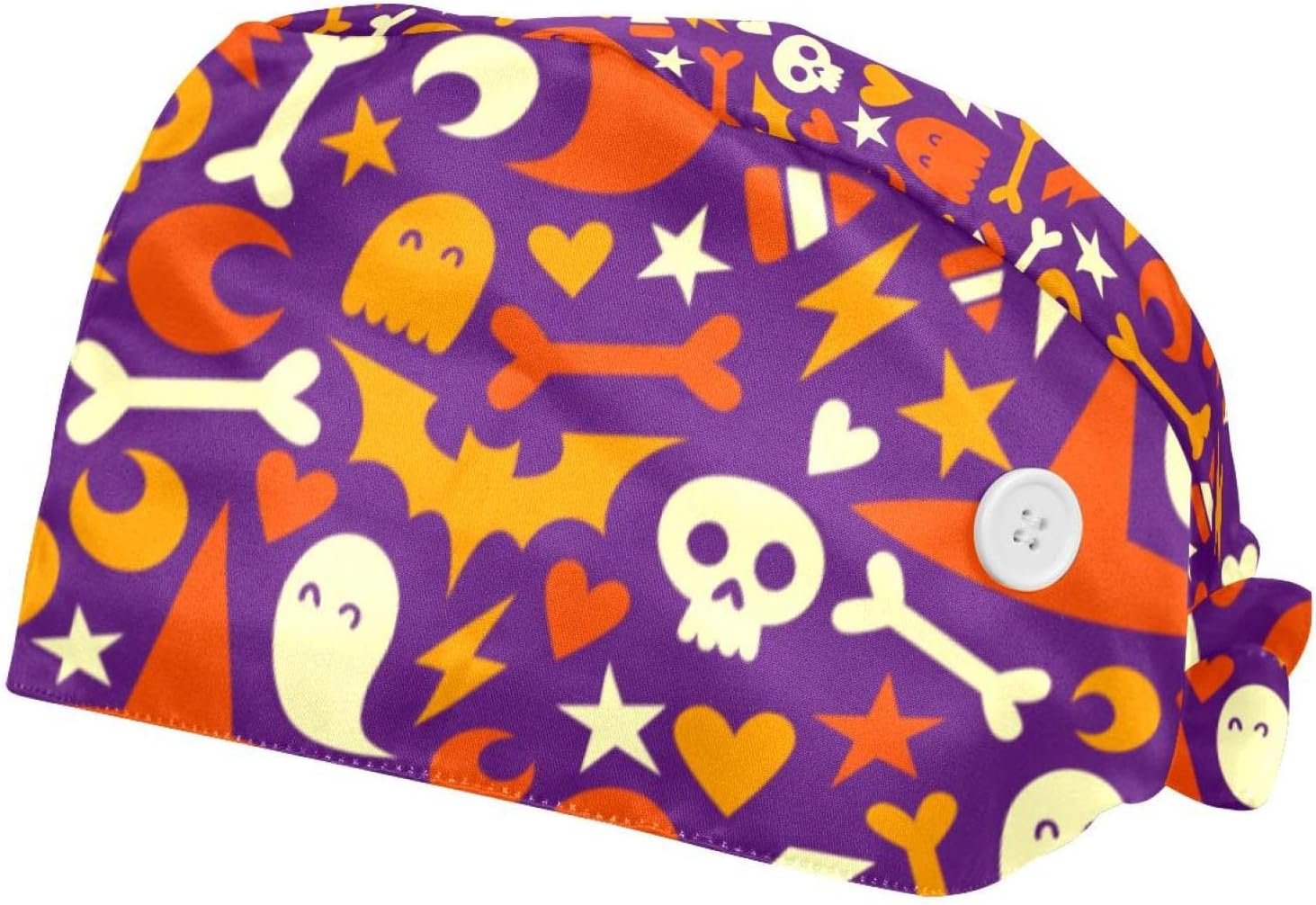 Pulongpoq 2 Pcs Working Cap with Button Long Hair Sweatband Ponytail Holder Tie Back Nurse Hat, Skulls Ghosts