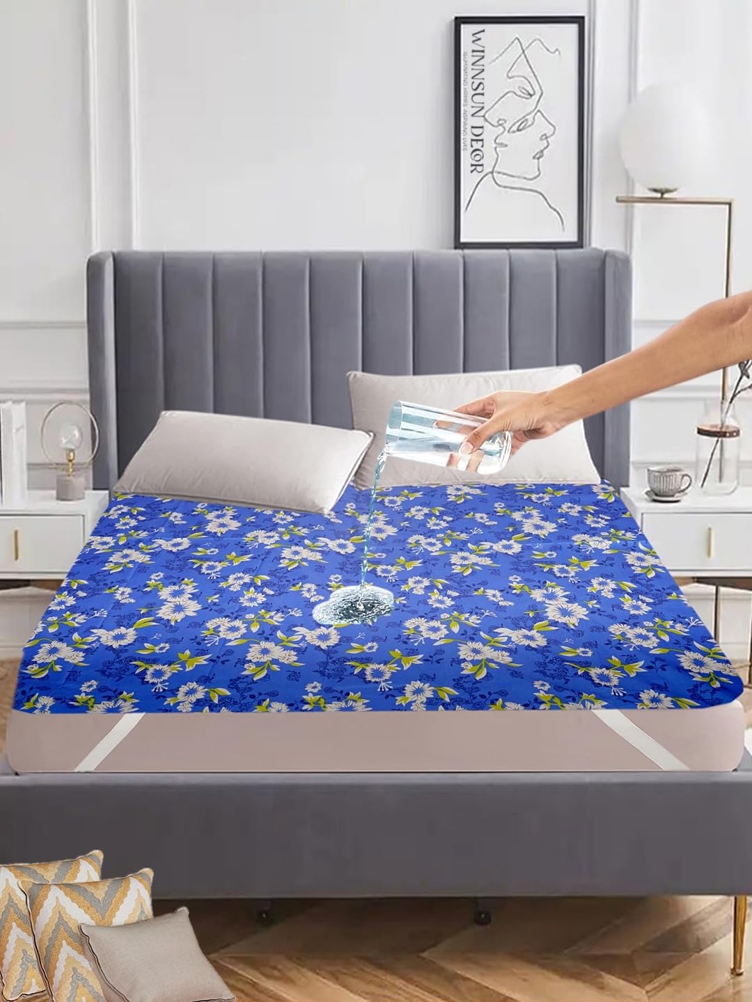 Waterproof Bed Cover Polyester Double Bed Elastic Fitted (Blue & White)-image-16