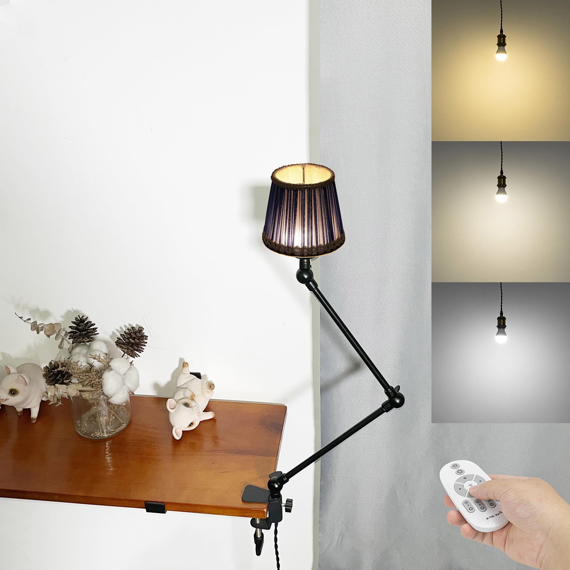 Klemmleuchte mit Fernsteuerung,1 Packung Leselampe mit 2,5 m Kabel, Dimmbar Nachttischlampe,Augenpflege Schreibtischlampe für Büro Heimgebrauch, E27 Lampenhalterung - DZ0329/808