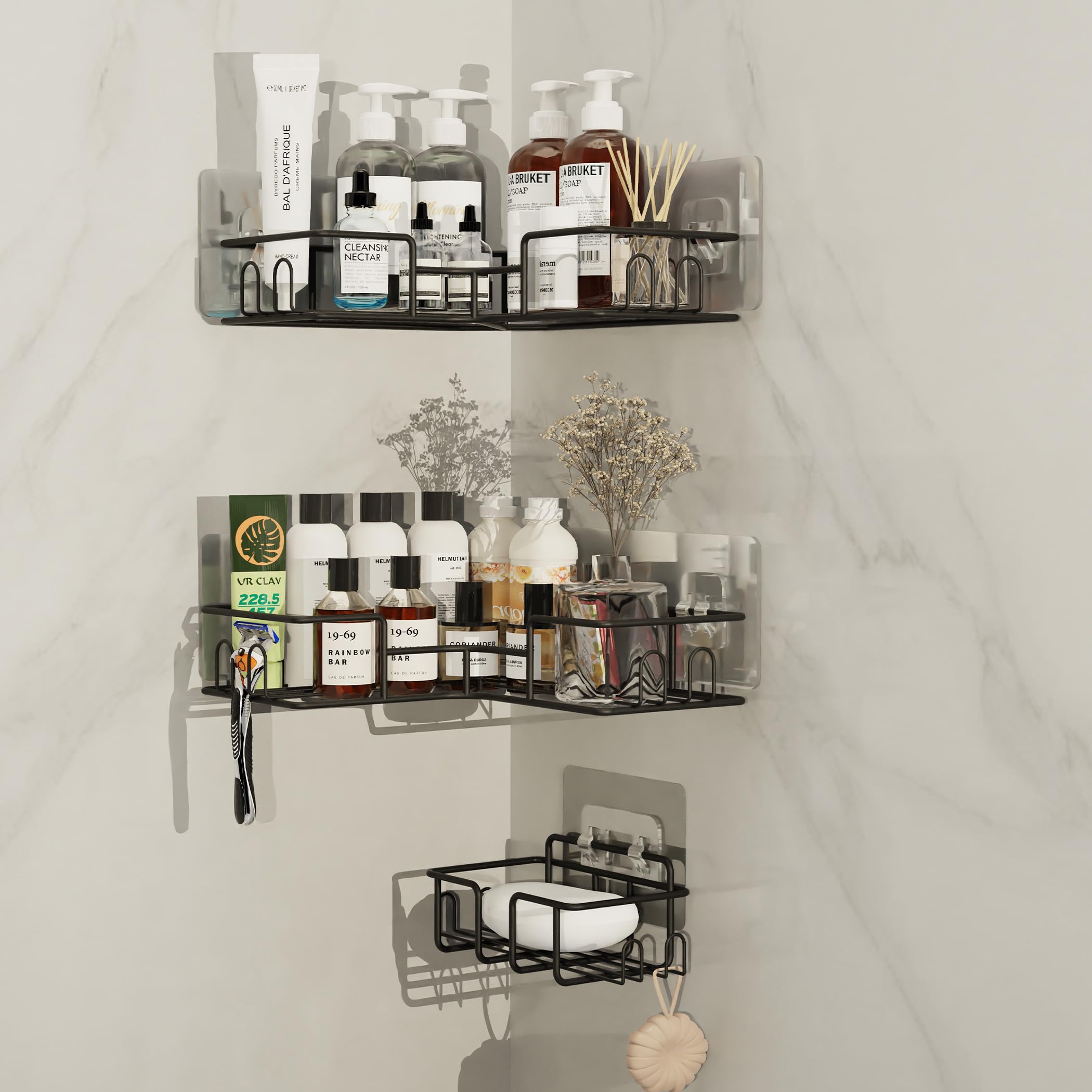 Topritt Corner Shower Caddy 2-Pack No Drill Adhesive Organizer with Soap Dish Space-Saving Bathroom Kitchen Storage Shelf for
