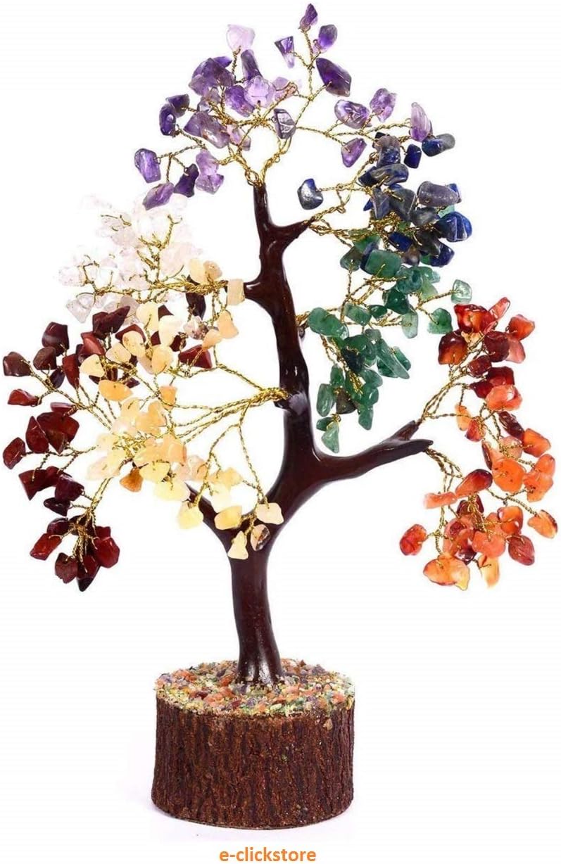 AGIROC Seven Chakra Natural Healing Gemstone Crystal Bonsai Fortune Money Tree for Good Luck, Wealth & Prosperity Home Office Kitchen Décor Spiritual Gift (Golden Wire and 300 Beads) 10-12 Inches