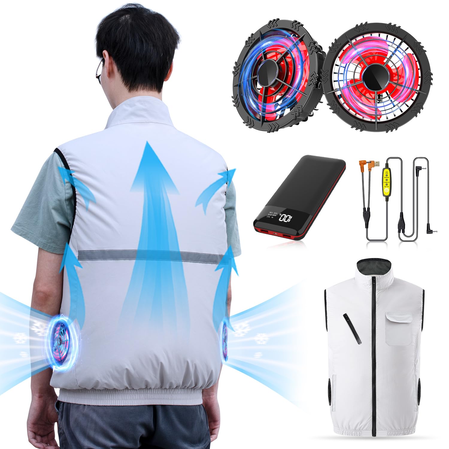 THOUSTA12V Cooling Vest with 24000mAh Battery Pack, Air Conditioner Clothes with Two Fans, 360° Air Supply Cooling Jacket