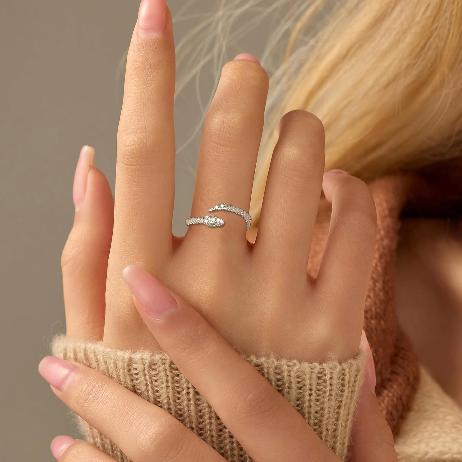 14k Gold Plated Snake Ring for Women Men 925 Sterling Silver Ajustable Open Green CZ Rhinestone Snakes Rings Gothic Retro Animal Ring Fashion Snake Wrap Stacking Statement Band Rings Jewelry Gift for Everyday Wear