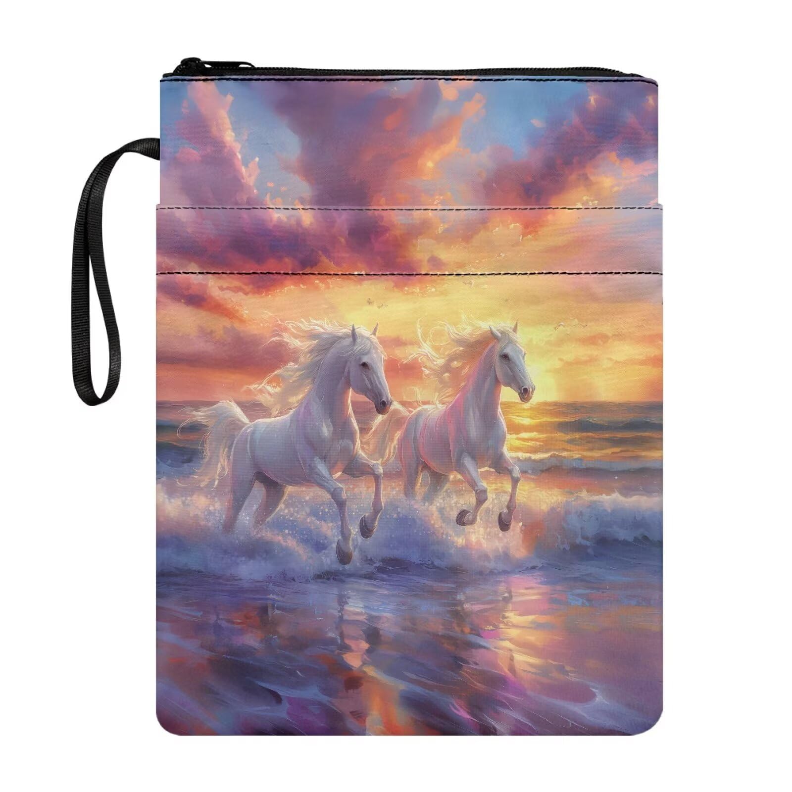 Running Horse Pattern Fabric Book Cover with Zipper Multifunctional Book Sleeve for Paperbacks with Front Pockets, 22x29 cm โ image 1