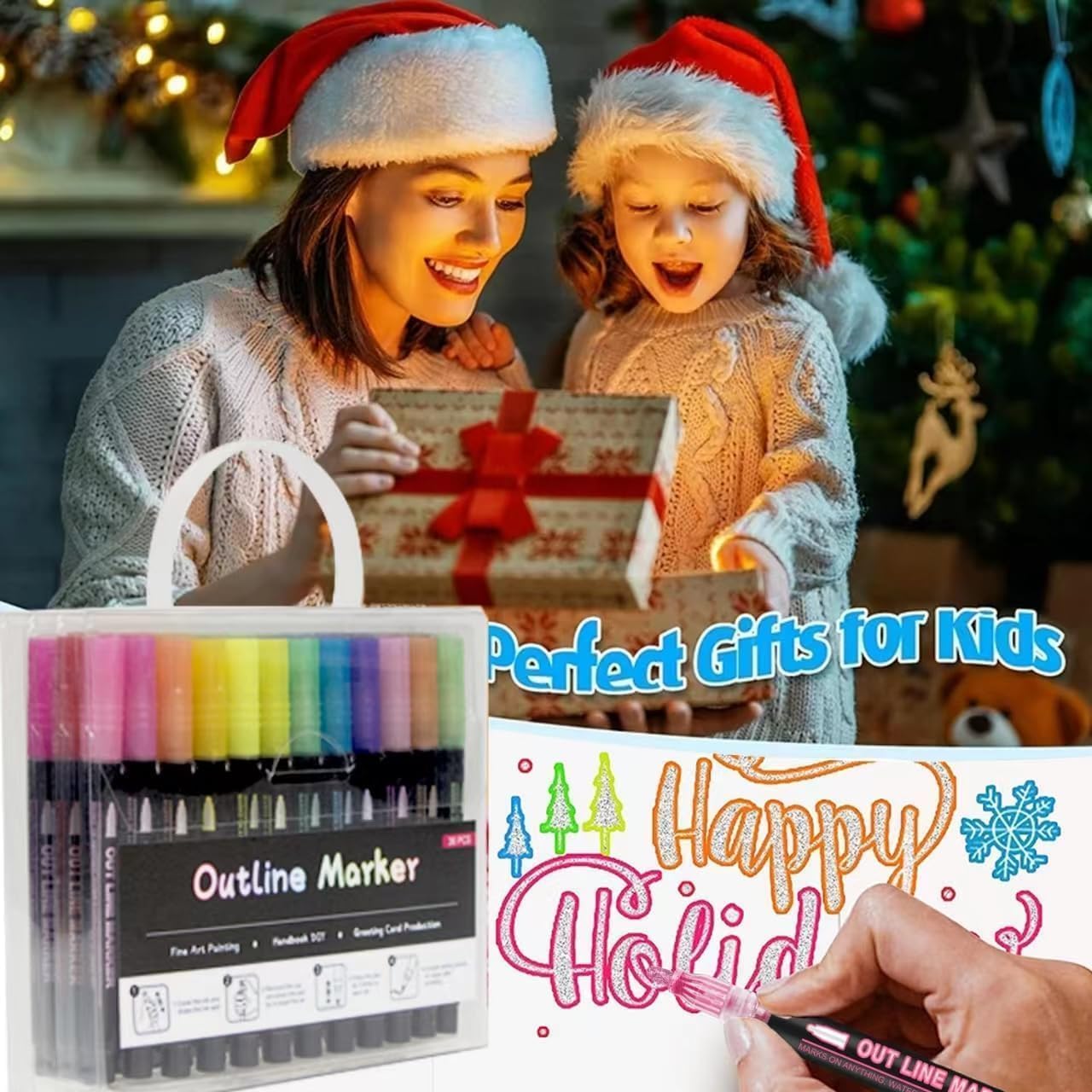 Double Line Outline Markers 12 Colors Super Squiggles Glitter Self Outline Metallic, Doodle Shimmer Drawing Pens for Christmas Greeting Card, Birthday Gift, DIY Art Crafts image 4
