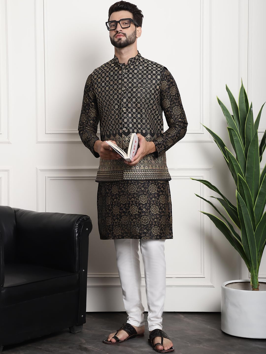 Sojanya (Since 1958 Men's Silk Blend Print Black Kurta And Cream Pyjama With Black Nehru Jacket