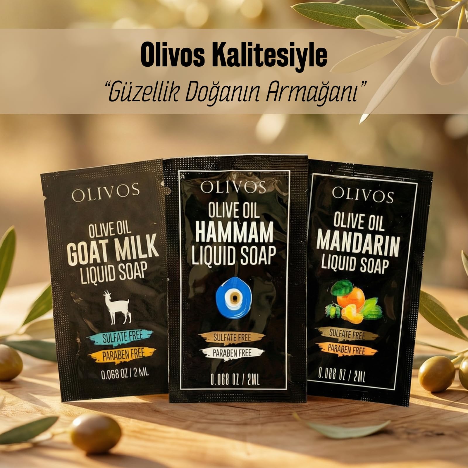 OLIVOS Tek Kullanımlık Zeytinyağlı Sıvı Sabun Seti, 2 ml x 75 Adet, Mandalina Hamam Keçi Sütü Serileri, Okul Seyahat Otel için, Paraben ve Sülfat İçermez, El Temizliği