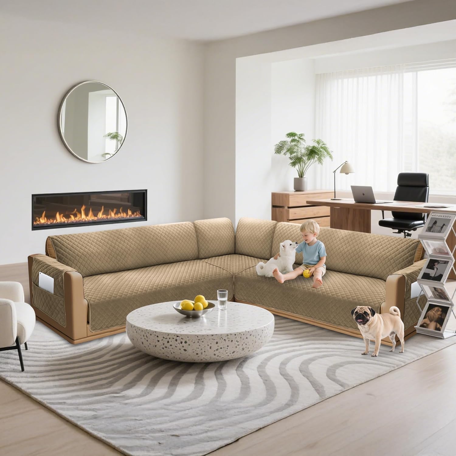 Sectional Couch Covers for Dogs 100% Waterproof Corner L Shaped Sofa Cover Pet Friendly Velvet Washable Anti Slip L Shape Modular Sofa Slipcover Protector with Pockets (Camel, XX-Large)