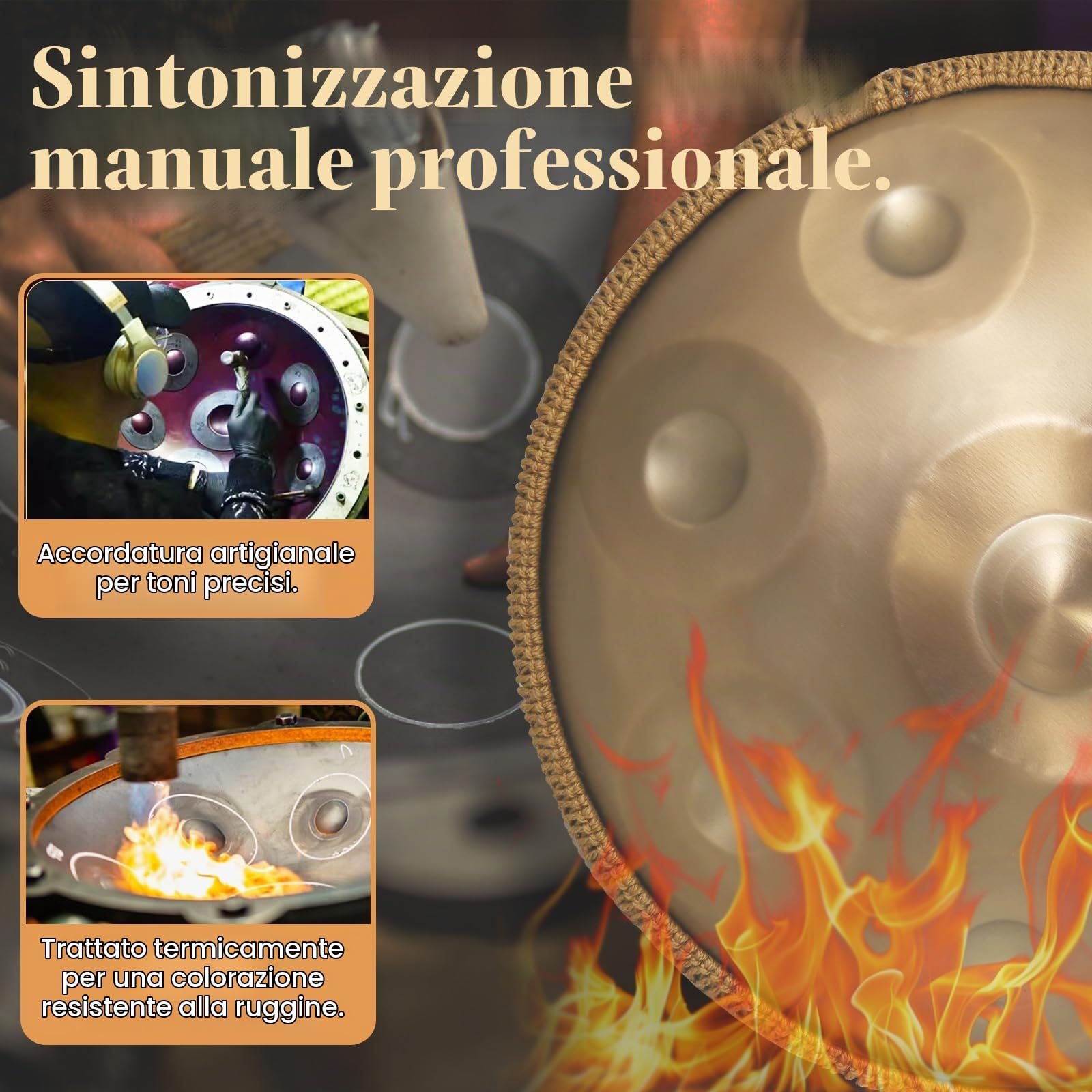 Handpan, 22 Pollici10 Note 440Hz Oro Handpan Strumento Musicale Tongue Drum in Re Minore per Yoga, Meditazione con Bacchette da Borsetta, Supporto per Batteria