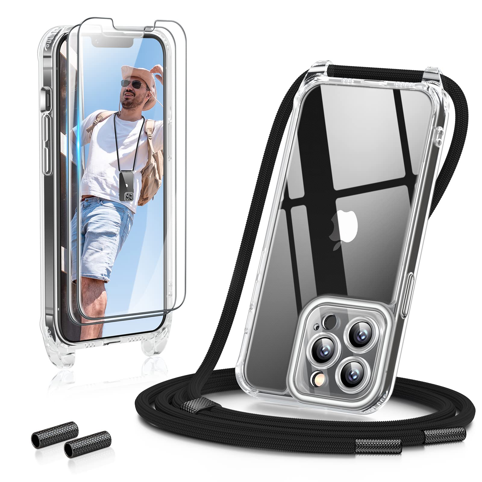 GOODVISH Cover Trasparente con Cordino per iPhone 13 Pro Max 6.7'', con 2 Pellicola Vetro Temperato, Custodia con Regolabile Laccio Tracolla, [Antiurto] [AntiGraffio] Case con Collana, Nero