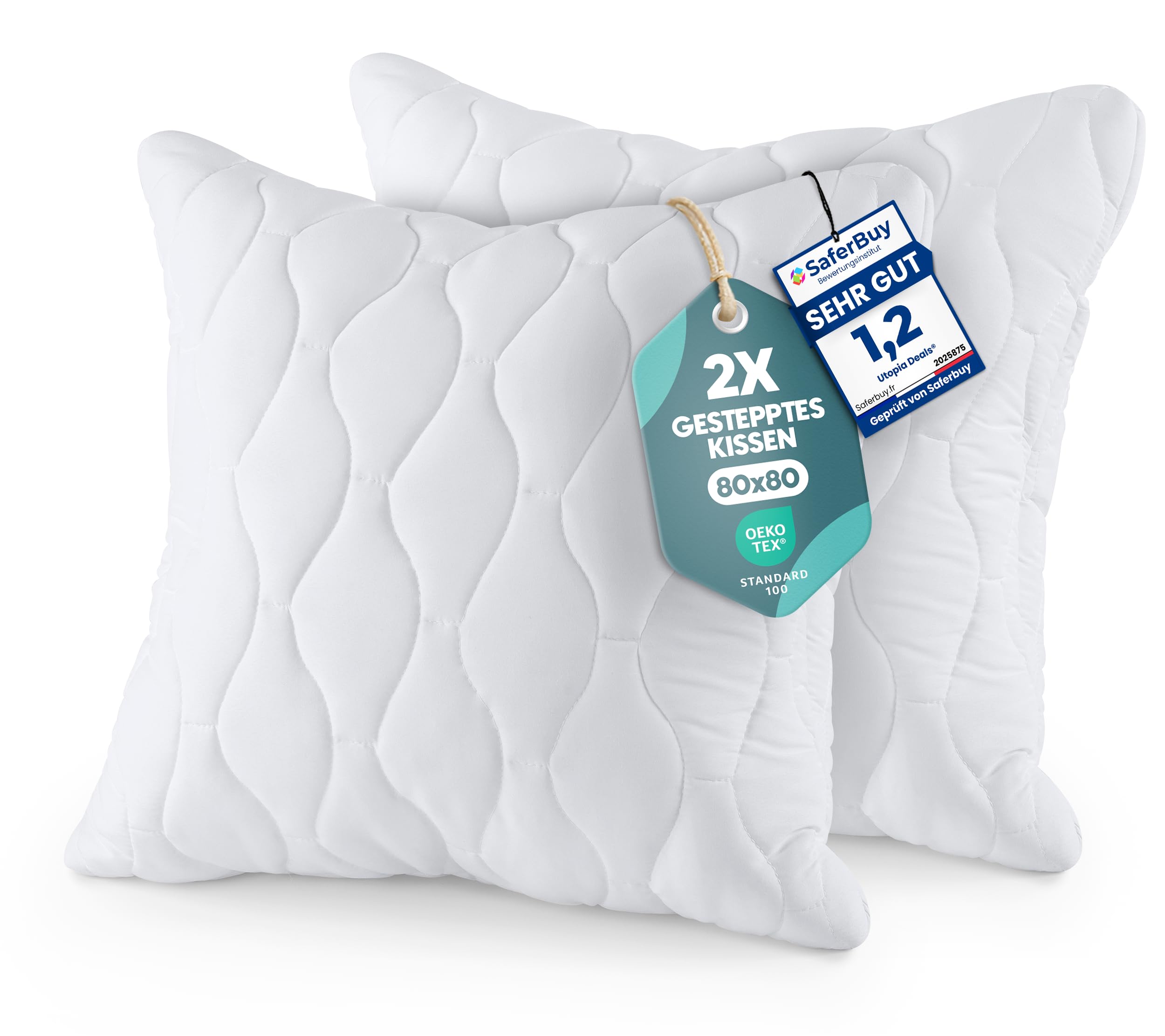 Utopia Bedding Kopfkissen 80x80 cm (2er Set), Gestepptes Kissen für Bett und als Dekokissen, Kissenfüllung, SofaKissen, Zierkissen für Couch (Weiß)