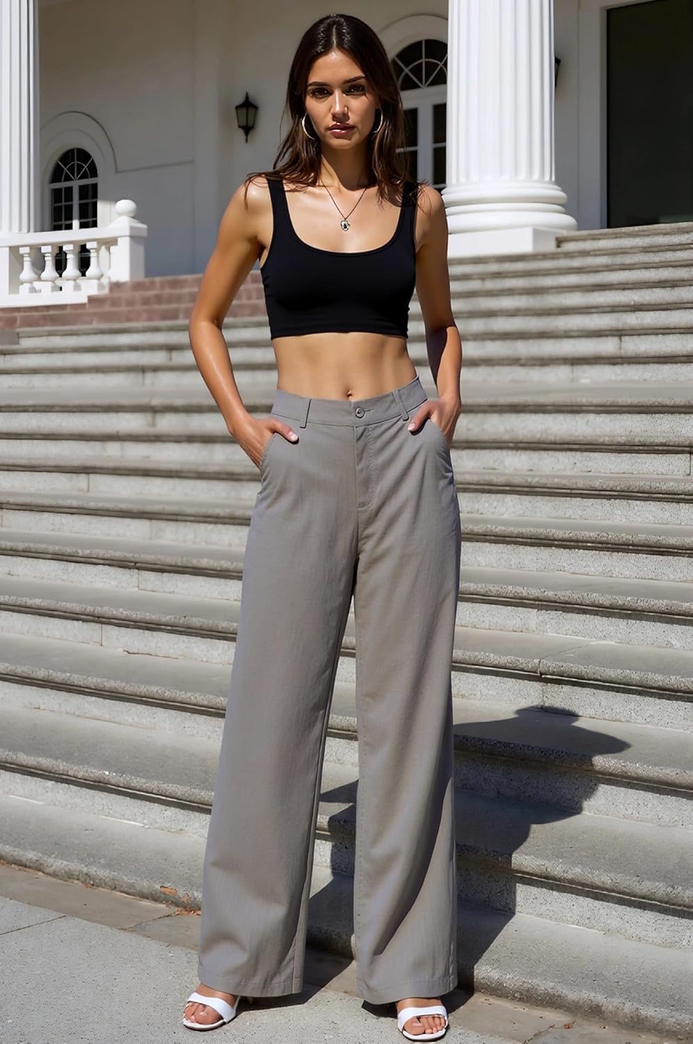 Beninos Women's Cotton Linen Summer Palazzo Pants Flowy Wide Leg Beach Trousers with Pockets - Image 2