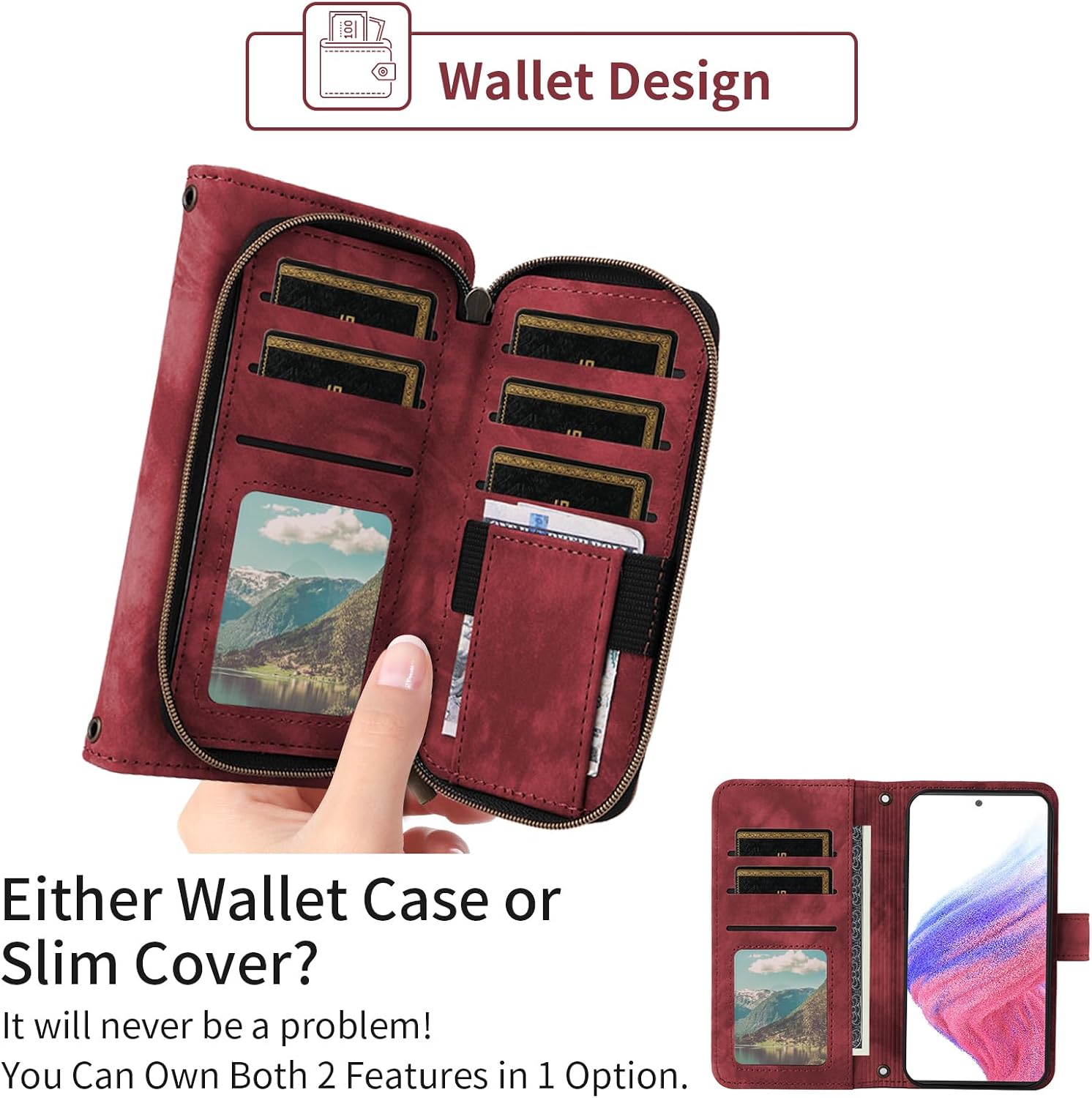 Phone Case for Samsung Galaxy A53 5G Wallet Cell Cover with Tempered Glass Screen Protector Crossbody Lanyard Strap Flip Stand Zipper Purse Card Holder Slot A 53 G5 53A SM A536U 6.5" 2022 Women Red