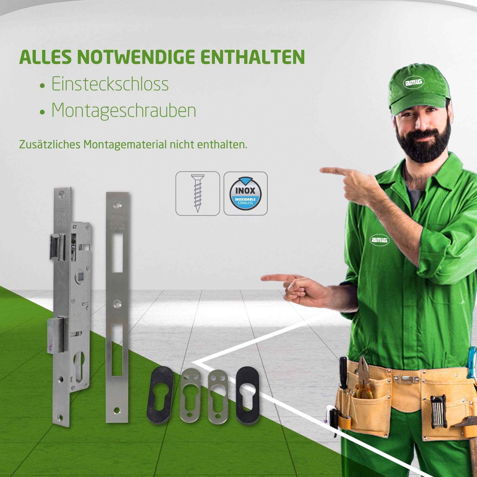 Amig Einsteckschloss für Holzbearbeitung aus Metall - 27 mm - für Zylinder mit Nockenprofil von 15 mm - Wendbarer Türgriff - Edelstahl - Zylinder und Schlüssel nicht enthalten
