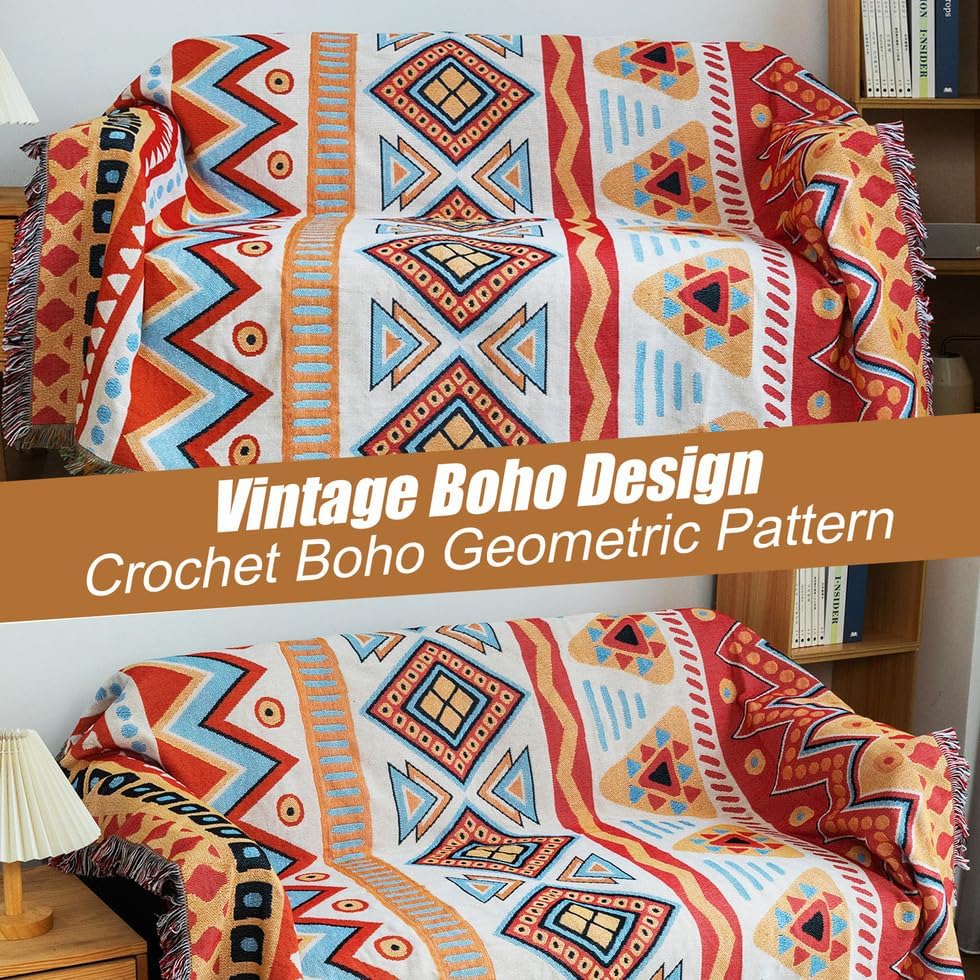 AMWAN Large Beige Couch Cover with Red Orange Boho Geometric Pattern, Universal Durable Colorful Sofa Slipcover for Sectional L Shaped, 3 Cushion Sofa, Sofa Throw Cover, 71"x150"