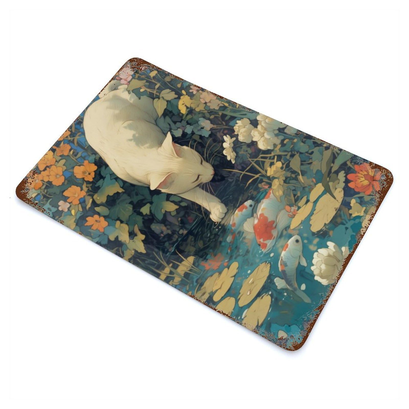 Cat by The Koi Fish Pond Aged Metal Wall Plaque 11.8"x7.9", for Shed, Workshop And Garage Wall Decor, Old School Wall Decor