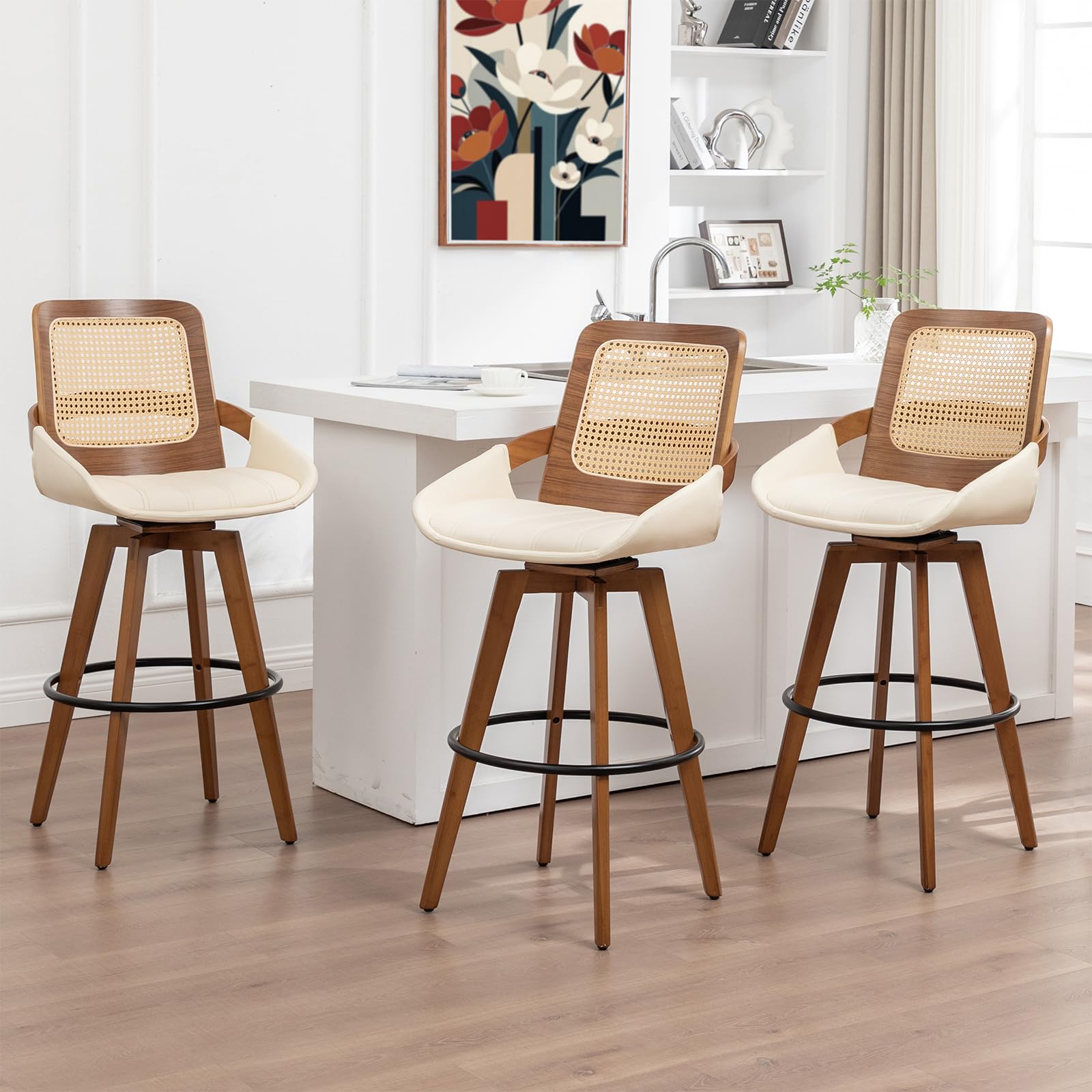 Counter Stools Set of 3 - 26.4 inch Swivel Counter Stools with Rattan Back, Curved Arms, Faux Leather, Walnut Craftsmanship, Counter Height BarStools