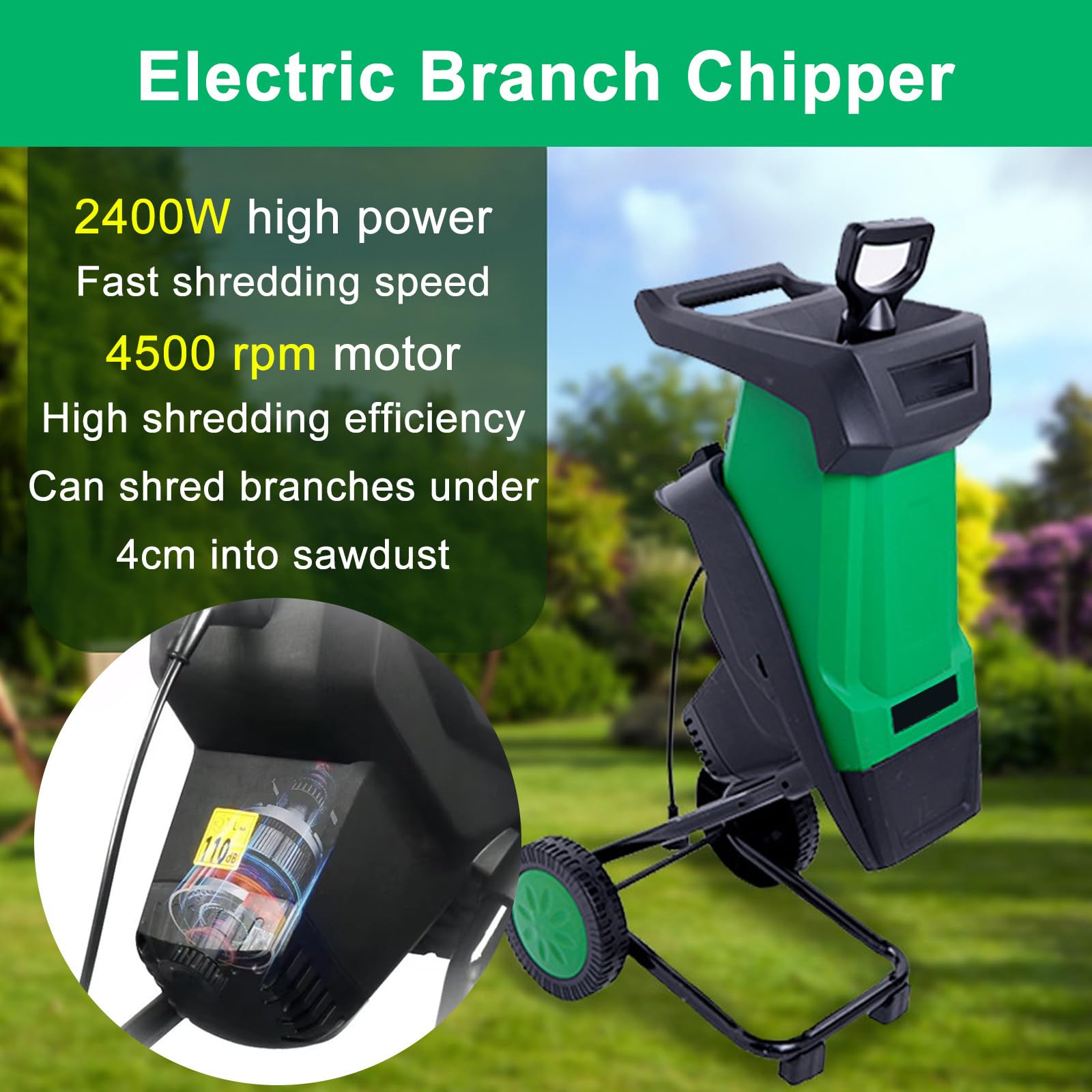 Trituradora De Ramas EléCtrica AutomáTica De 2400 W, 4500 RPM para Ramas De 0 A 40 Mm, con Bolsa Recolectora De 50 L Green